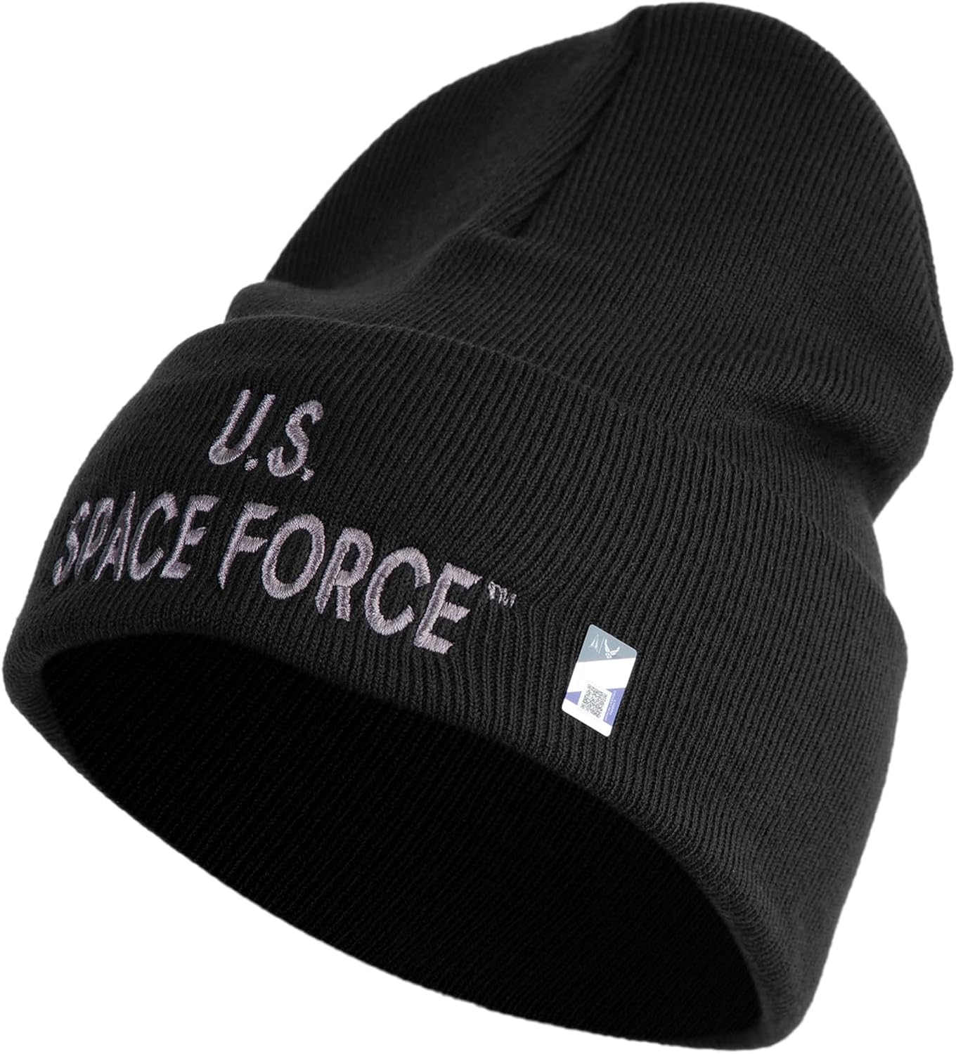 US Space Force Grey Letter Logo Embroidered 12 Inch Solid Knit Cuff Long Beanie Made in USA