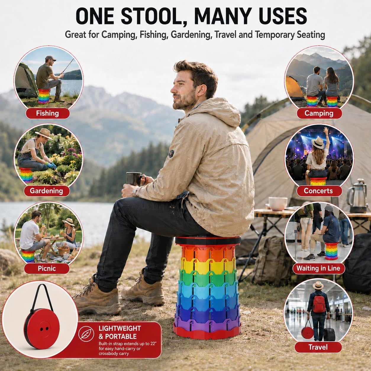 Upgraded Collapsible Stool 220LBS - Portable Adjustable Height (2.5"-18") Quick Open Folding Seat for Camping Beach Travel (Rainbow Red)