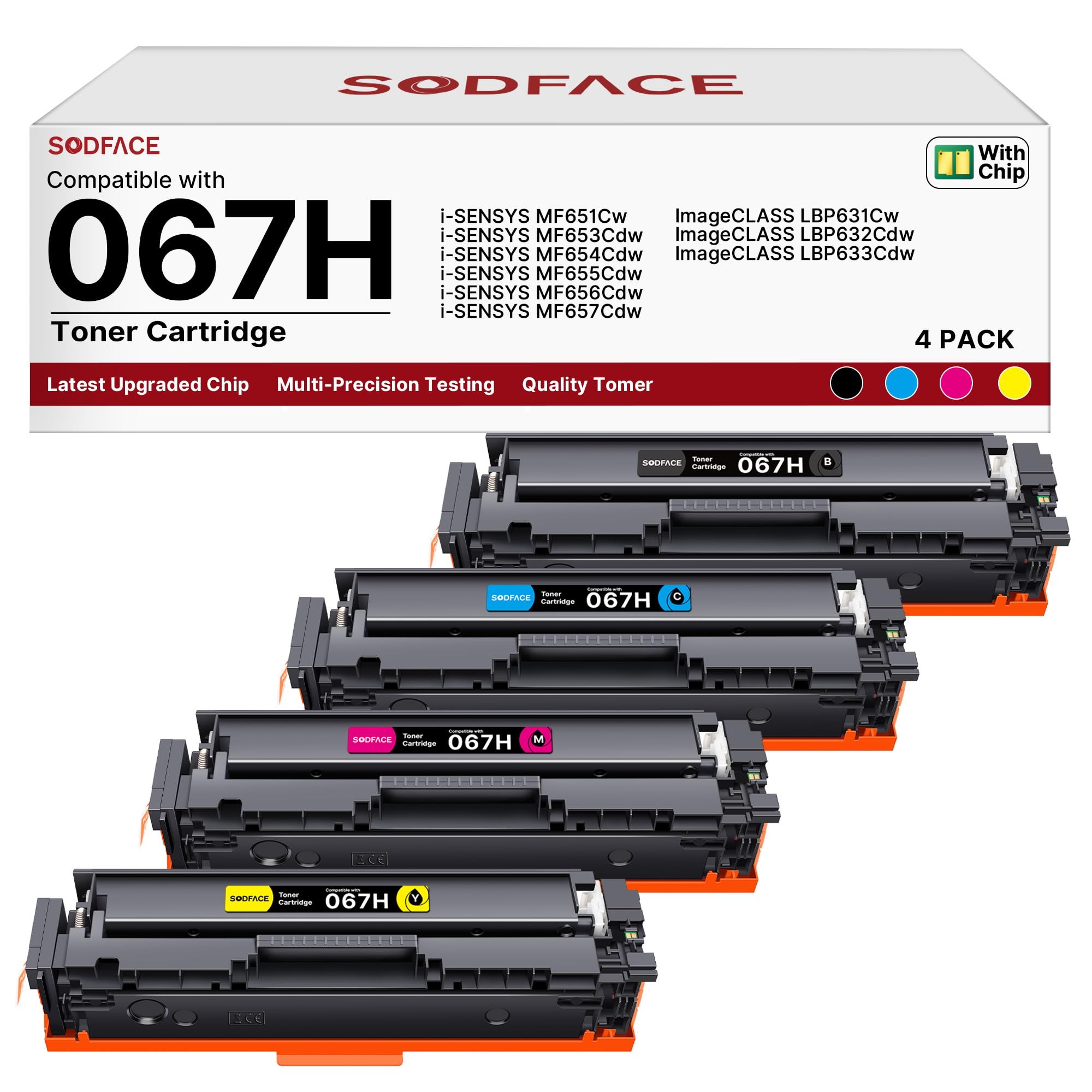 SODFACE 067 067H Toner Set Kompatible für Canon 067H für Canon i-SENSYS MF655Cdw MF657Cdw MF656Cw ImageCLASS LBP633Cdw LBP632Cdw LBP631Cw (Schwarz Cyan Gelb Magenta, 4er-Pack)