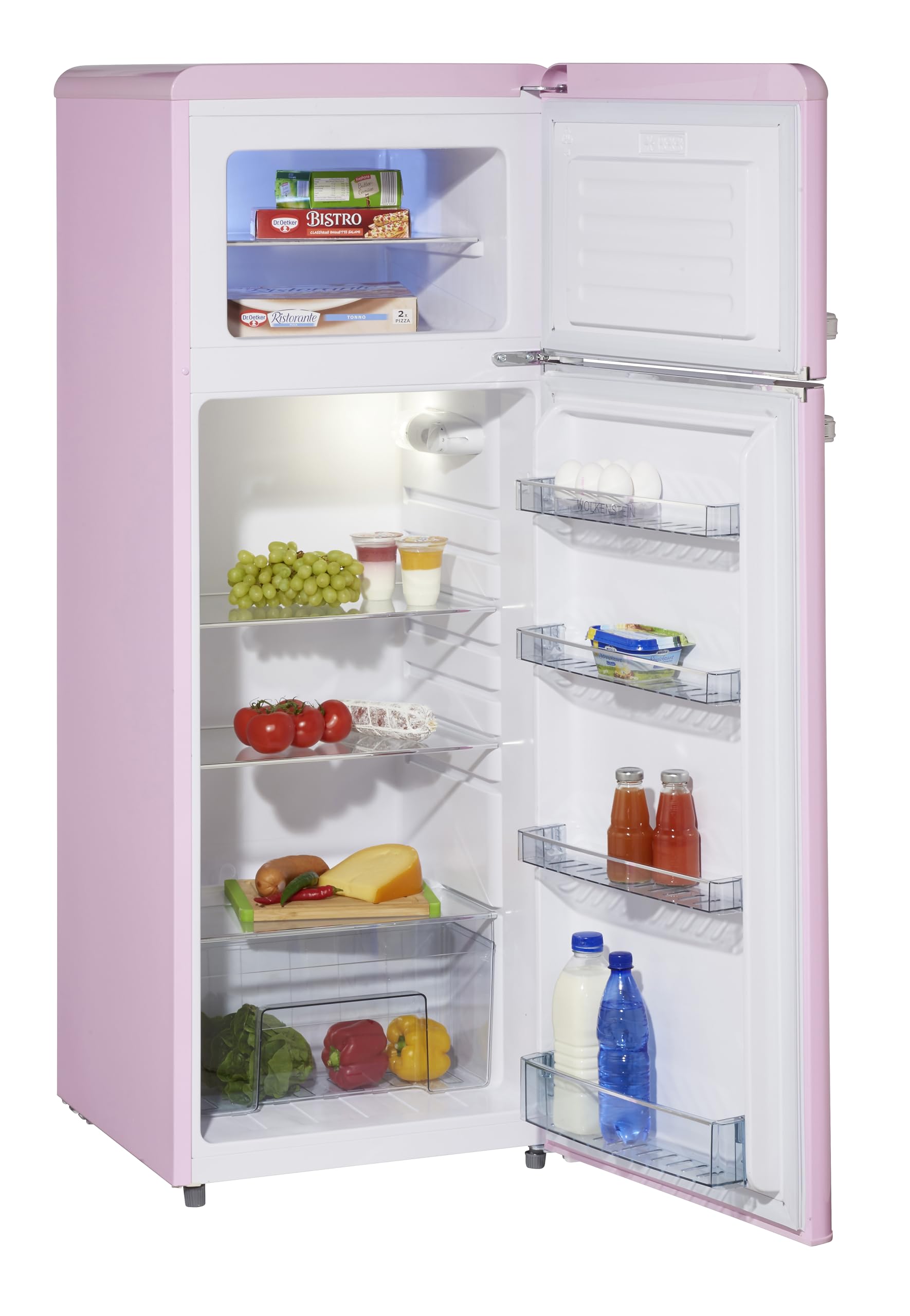 Wolkenstein Retro Kühl-Gefrier-Kombination Pink Glanz GK212.4RT SP | 211 Liter | Nostalgie Design Kühlschrank | 39 Liter 4 Sterne Gefrierfach | LED-Beleuchtung | Silber Applikationen