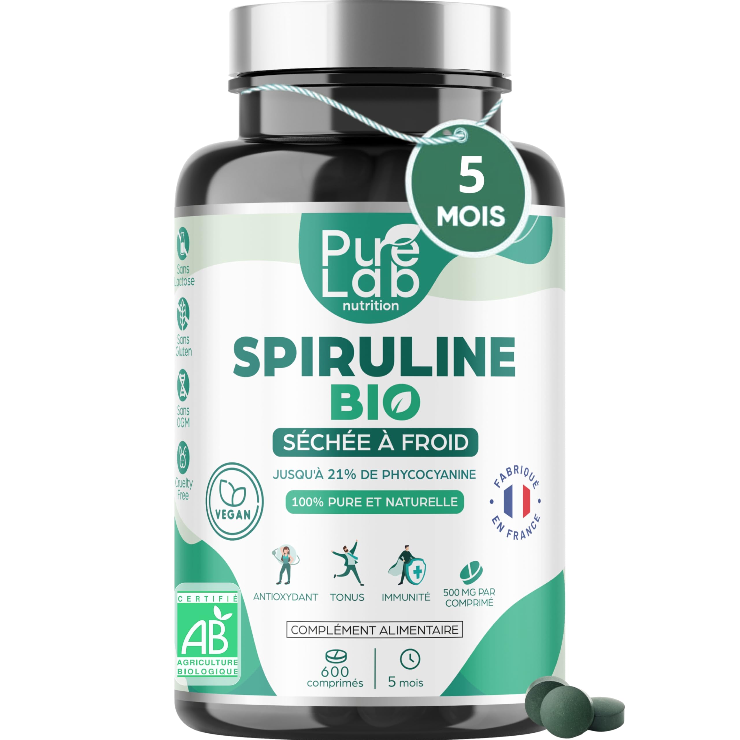 Spiruline Bio 600 comprimés vegan pour cure de 5 mois formule pure sans excipient - 7