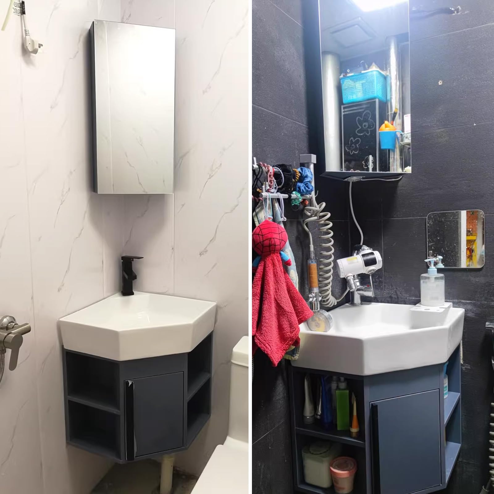 Eckschrank Bad Hängend mit Waschbecken, Dreieckiger Bathroom Mirror Cabinet, PVC-Material Glatte Glasur Klares Bild, für Badezimmer(45CM)