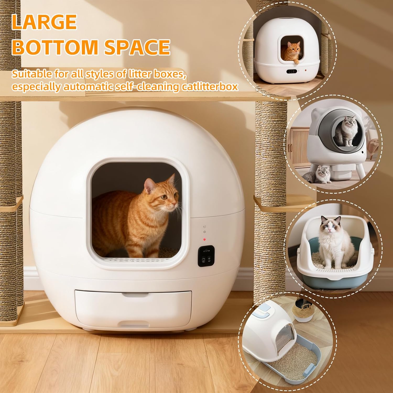 Wood Cat Tree for Automatic Litter Box, 60.2 Inch Tall Modern Cat Tree Tower with Litter Box Enclosure, Multi-Level Wooden Cats Tower Furniture with Scratching Posts, Condo House for Indoor Cats C3