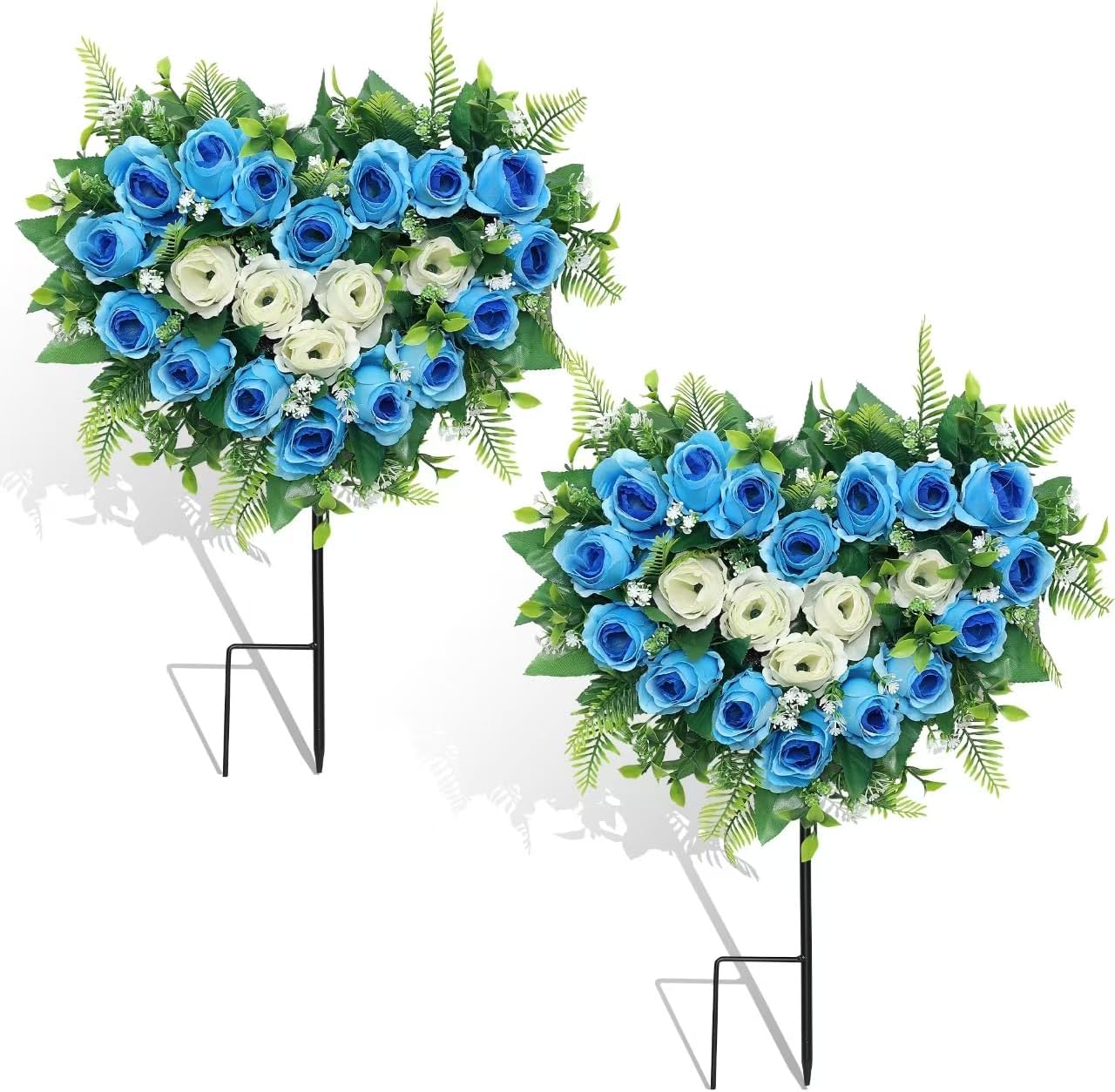 Artificial Cemetery Flowers Wedding Flowers Silk Flowers Artificial Roses Heart Bouquet with Long Spike for Ourdoor Grave Wedding Party Decoration (Blue White)