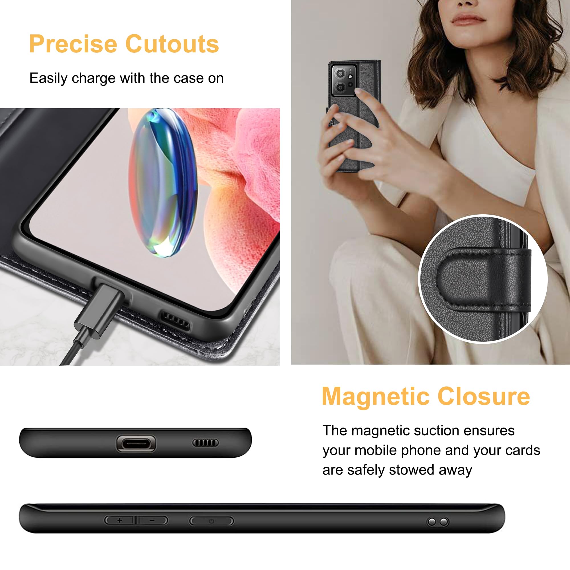 Redmi Note 12S Leder Klapphülle Mit RFID-Schutz – 3 Kartenfächer, Standfunktion, Inkl. Schutzfolie (schwarz)