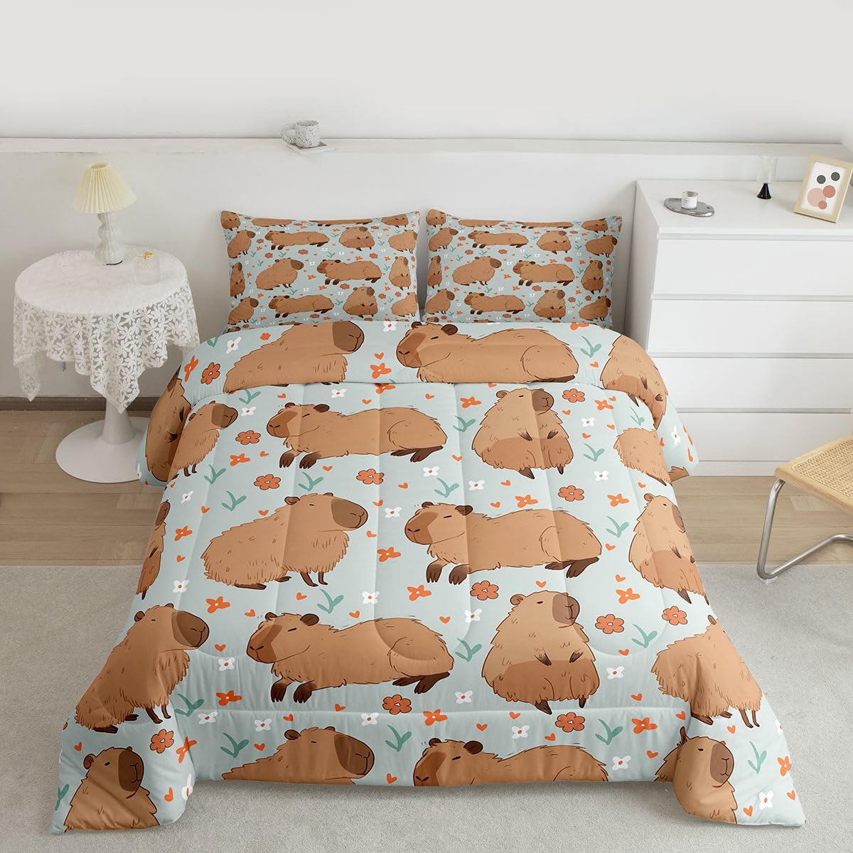 jejeloiu Capybara Comforter Set Queen Size Kids Capybara Animals Lovers Comforter for Boys Teens Flroal Print Bedding Set Botanical Flowers Blue Brown
