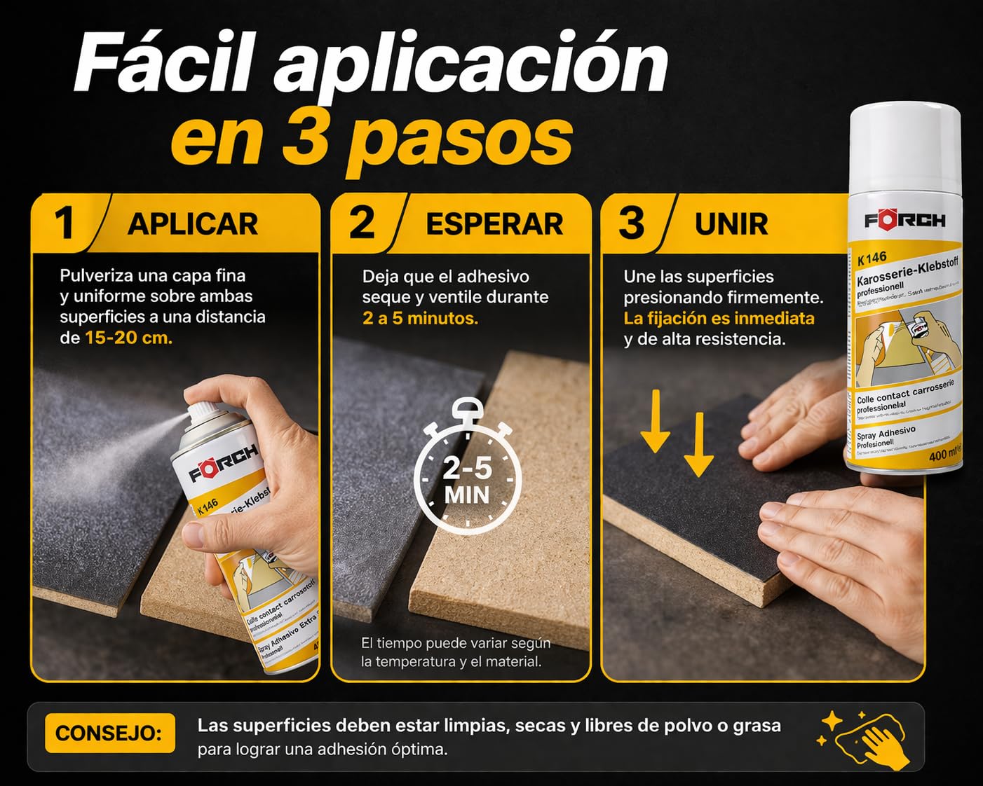 Cola de Contacto en Spray Förch, Pegamento en Spray ideal para Tapicería Coche, Espuma, Tela, Madera, Metal y Hormigón - 2 Unidades