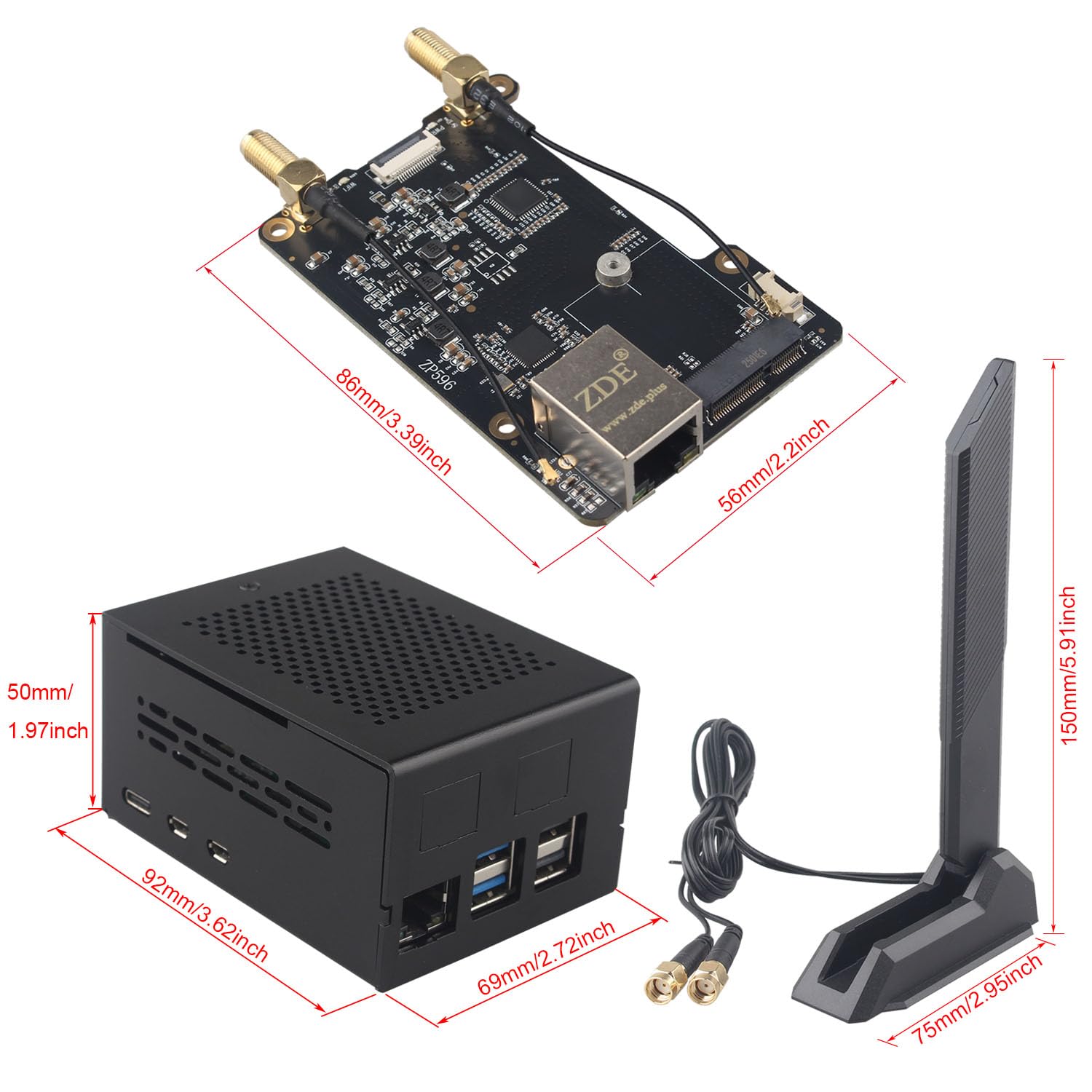 ZDE ZP596C PCIe to M.2 E Key HAT Magnetic Base Antenna WiFi7 6 6E 5 PCIe to 2.5G Ethernet Network Port HAT with ZC506 Case for Raspberry Pi 5 Support Google TPU WiFi 7 BE200 WIFI6E AX210 MT7922 WIFI6
