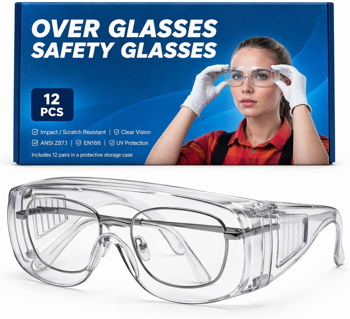12 Pack OTG Anti-Fog & Scratch-Resistant Safety Glasses Over Eyeglasses, ANSI Z87