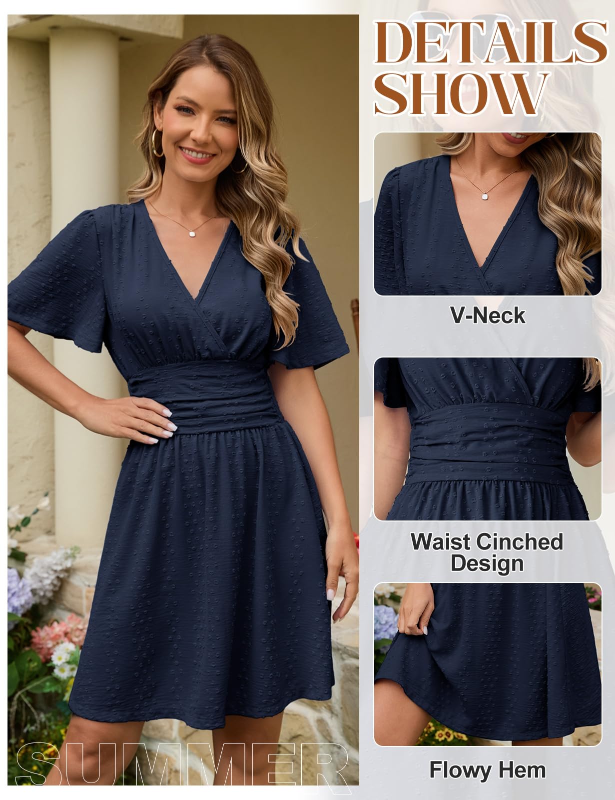 HEEKPEK Vestidos Verano Mujer Manga Corta Cuello en V Vestido de Mujer Elegante Corto Dress de Mangas Mariposa Cintura Alta Elástica Mini Vestido Sueltos Casual
