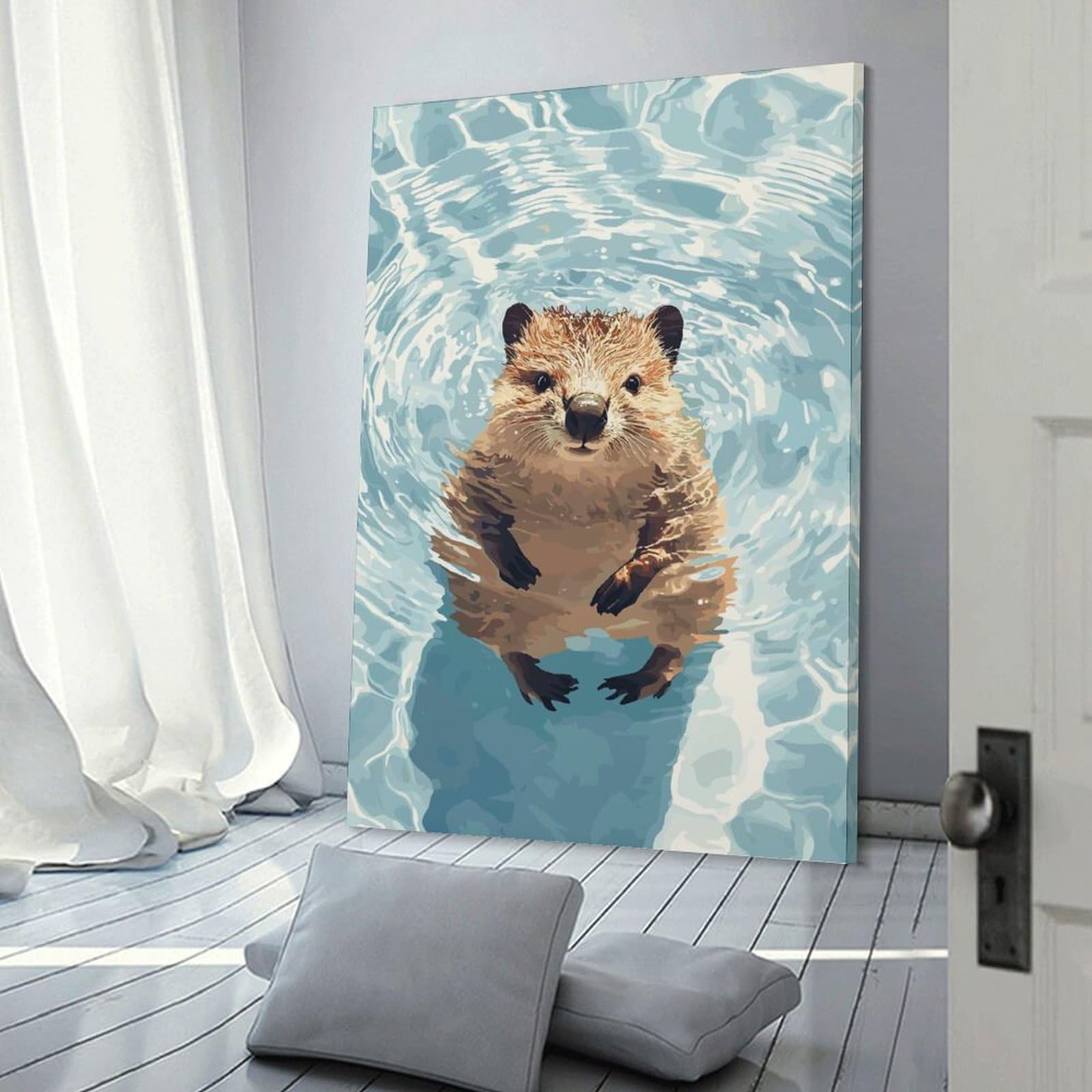 Junmoney Swimming Quokka Illustration Wall Art Print, 24x36inch(60x90cm), for Study, Office Or Focused Interiors, Home Office Artwork with Decorative Appeal