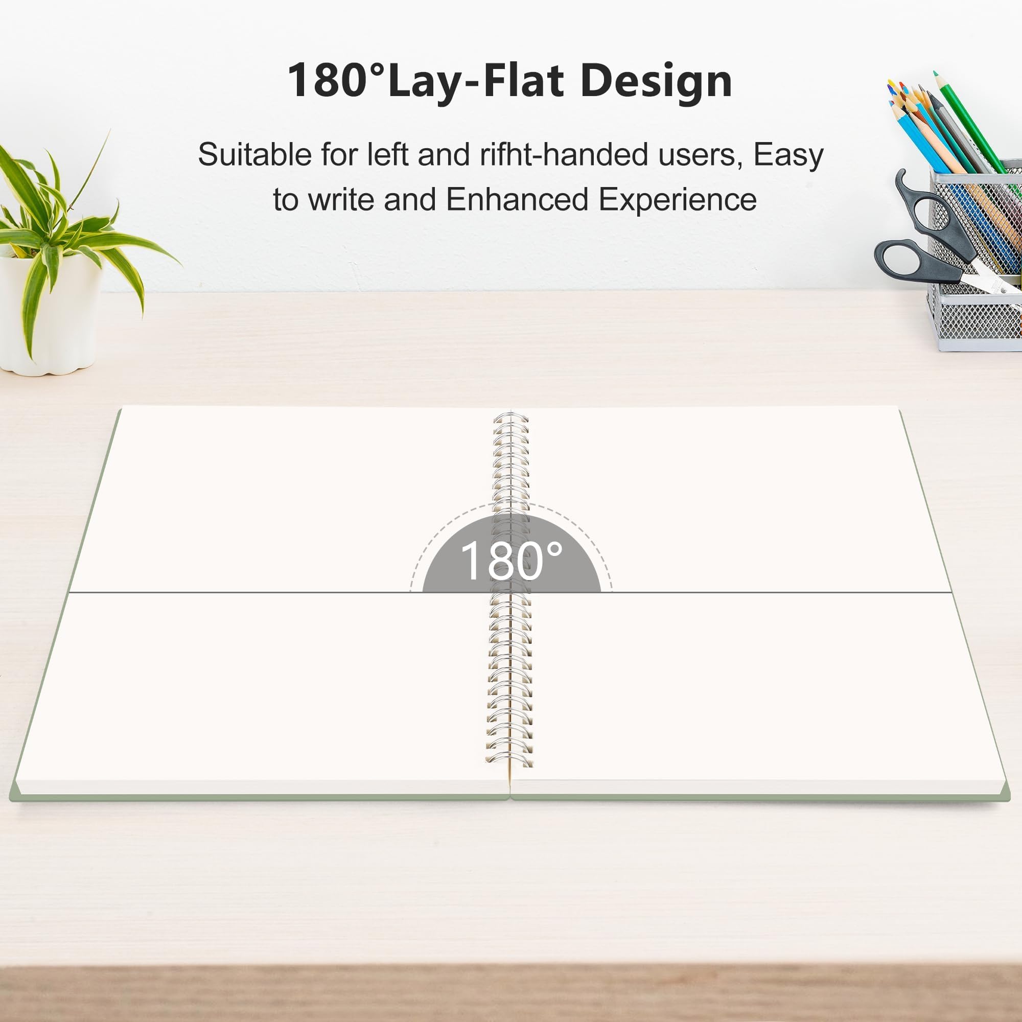 RETTACY Carnet de notes vierge, 300 pages, grand format A4 (20,8 x 28,4 cm), papier épais de 120 g/m², couverture en plastique souple, reliure à spirales, pour croquis, dessin, peinture (vert clair)