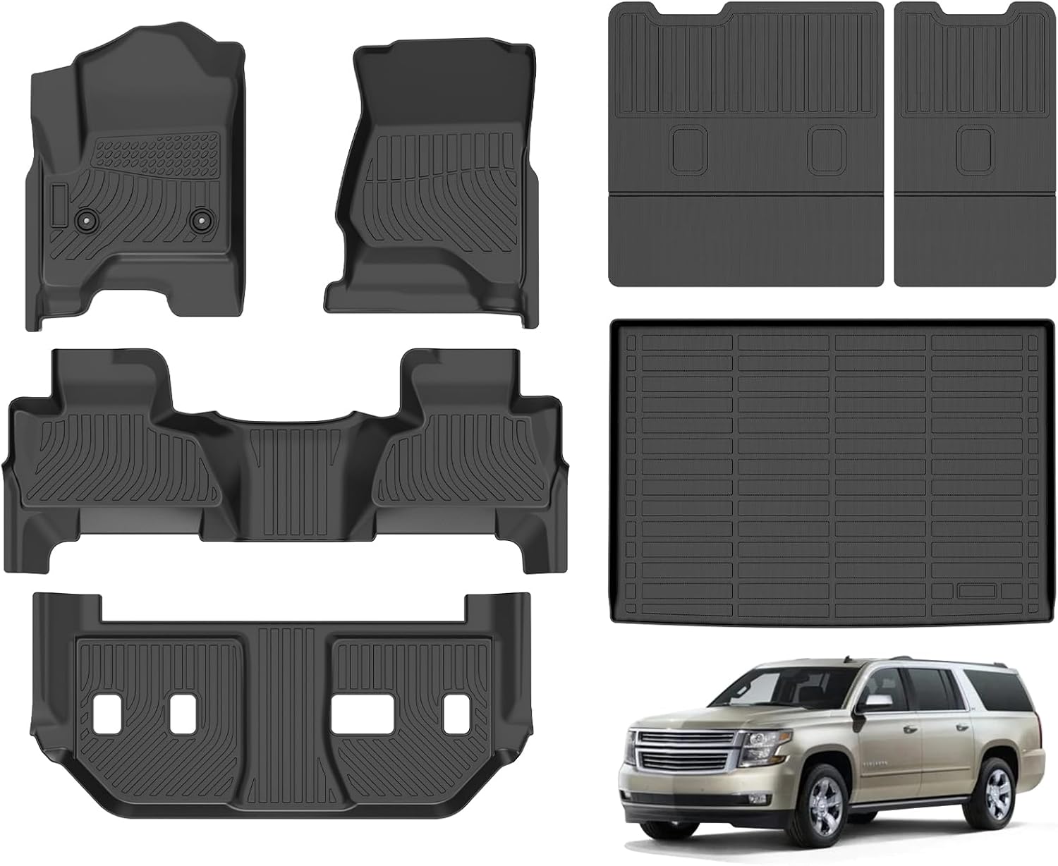 Hutisya-Floor Mats & Cargo Liner Set Fit for 2015-2020 Chevy Suburban/GMC Yukon XL (with 2nd Row Bench Seat) All Weather Protection Anti-Slip & Durable TPE Full Set Liners Automotive Accessories-Black