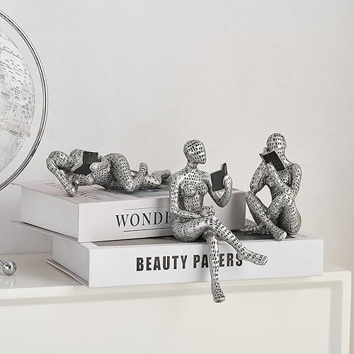 Miniatura 2 de TIMEBUS 3 piezas de estatuas de lectura plateadas para pensador, decoración de pulpa para mujer, decoración para sala de estar, oficina, esculturas