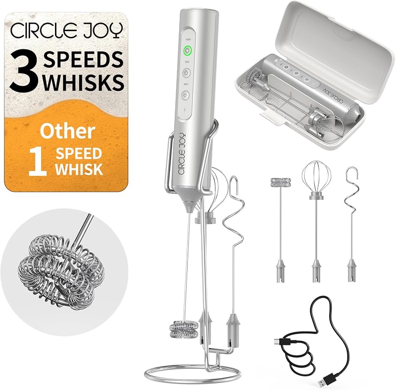 CIRCLE JOY Varita de espuma de leche de mano recargable con soporte, 3 velocidades variables, 3 batidores y caja de almacenamiento, batidora de bebidas eléctrica para café con leche, capuchino, chocolate caliente, huevos y proteína en polvo, plata