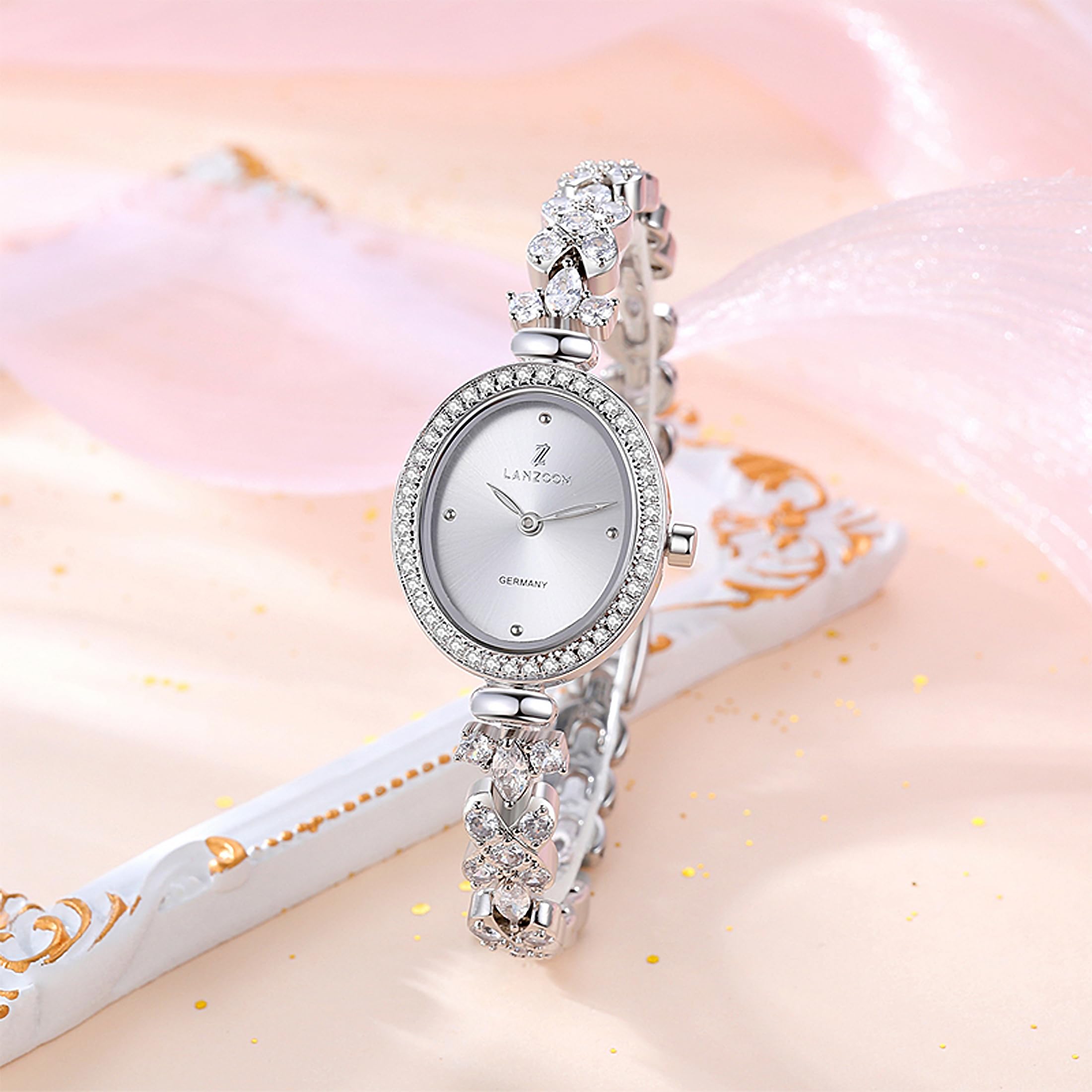 LANZOOM Damen Quarzuhr Silber Oval Kristall Set Uhr Verstellbarer Schmuckverschluss mit Zirkonia besetztes Armband 3ATM Wasserdicht Silber Modern