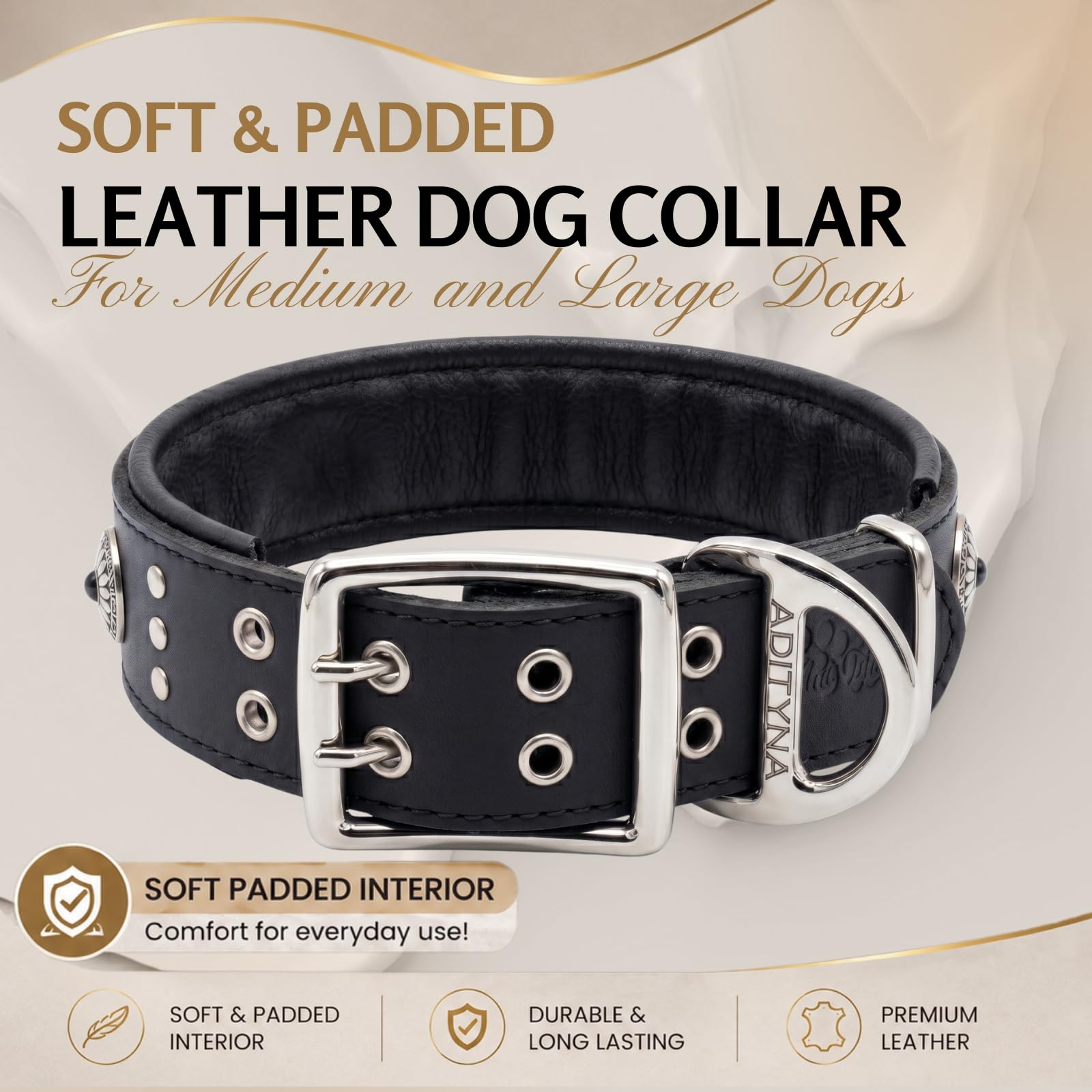 ADITYNA Hundehalsband aus Leder, mit Nieten, Größe XL, robustes Hundehalsband für extra große Hunde mit Polsterung, 4,4 cm breit, verstellbar 58,4 cm – 71,1 cm, für Deutsche Dogge, Cane Corso