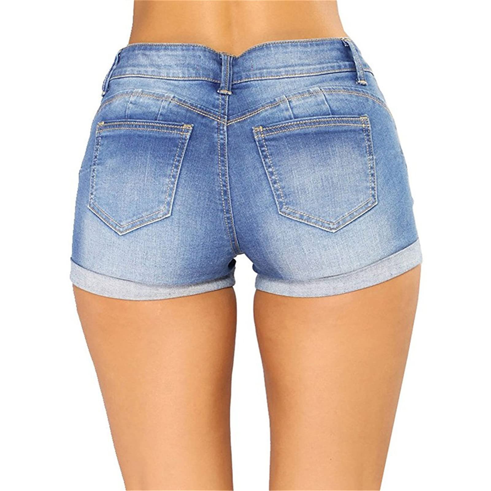 JEKE-DG Women's Stretchy Denim Jean Shorts Casual Summer Mid Waist Stretchy Comfy Stretchy Denim Shorts with Pockets (X-Large,Light Blue)