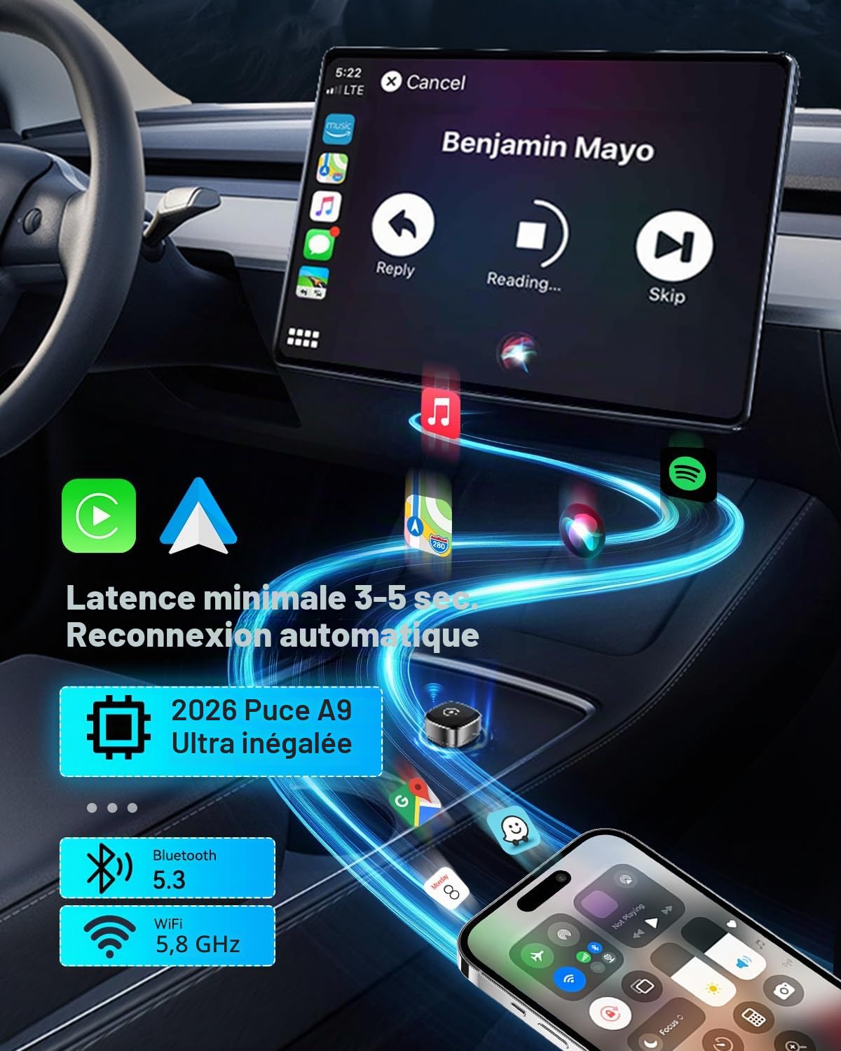 Spedal 2026 Ultra Mini Adaptateur CarPlay sans Fil Android Auto, WLAN 6 & Bluetooth 5.3, Connexion Automatique en 3 à 5s, USB-C/A, Compatible avec iOS 10+/Android 10+, Stable et Fluide (Argent)