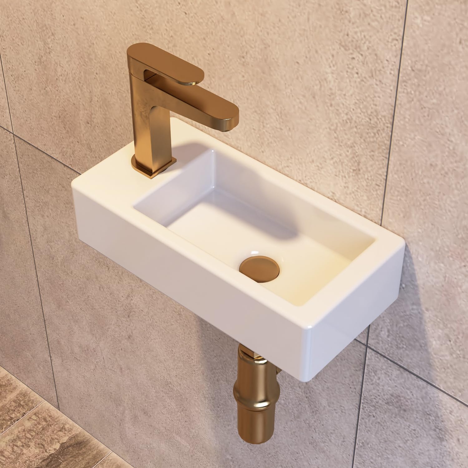 Small Bathroom Sink DeerValley, Mini Rectangle Wall Mount Vessel Sink for Bathroom Powder Room Cloakroom, Space Saving Design, Easy to Clean White Ceramic Wash Basin (Left Hand)