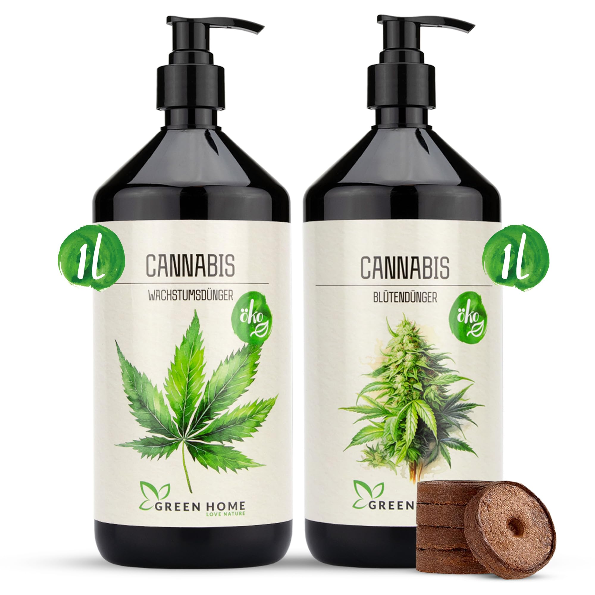 Green Home Hanf- & Cannabis-Dünger Konzentrat Set - 1L Wachstumsdünger, 1L Blütendünger & 5 Quelltöpfe. Für 290L Wasser, Indoor/Outdoor/Autoflower. Ideal NPK-Balance, Mineralische Nährstoffe