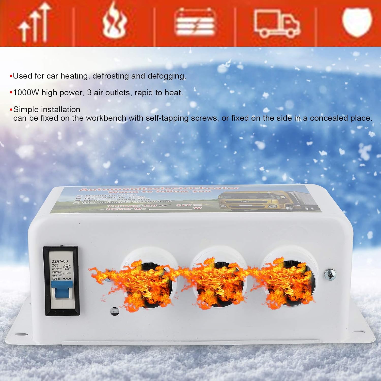 Car Heater Kit,12V Car Heater Winter Rapid Heating Warmer Portable Windsn Defroster 3 Air Outlet