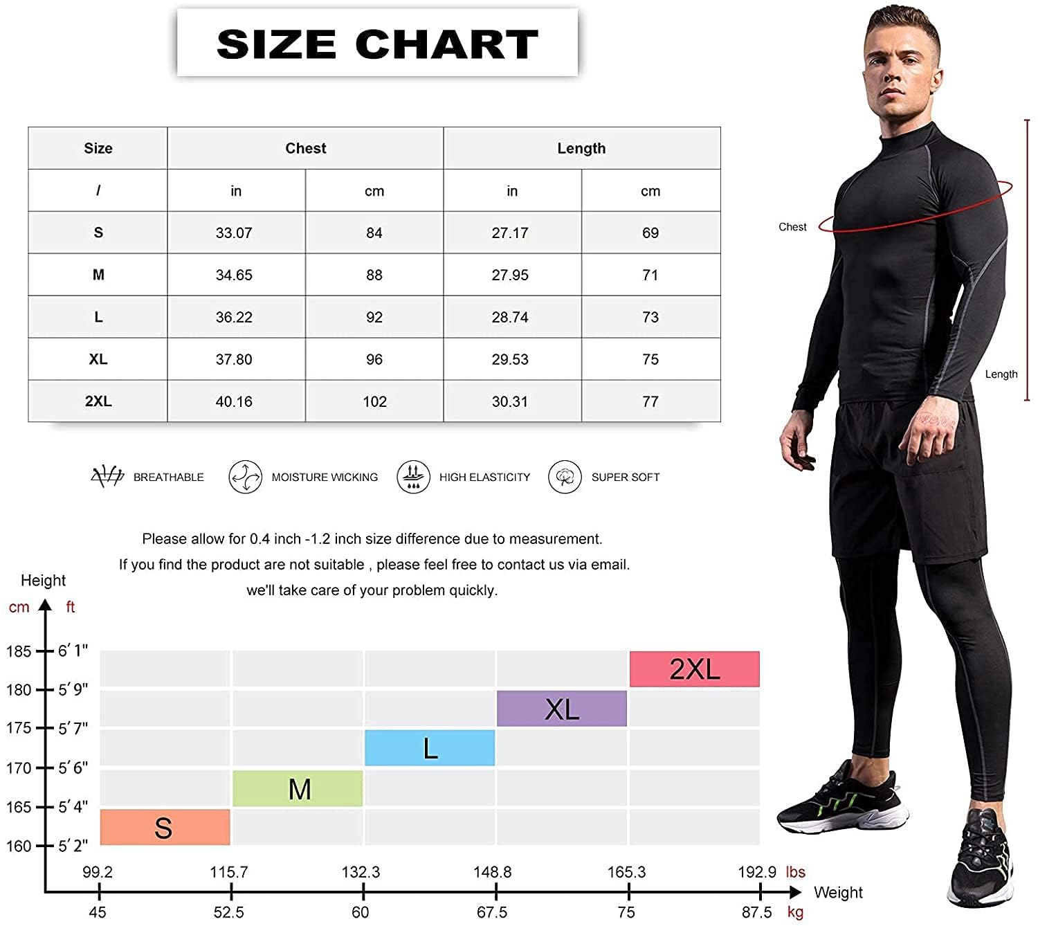 LANBAOSI Lot de 2 Tee Shirt Compression Homme à Col Roulé et Manches Longues Baselayer Hauts Séchage Rapide pour Fitness Course à Pied Gym Entraînement