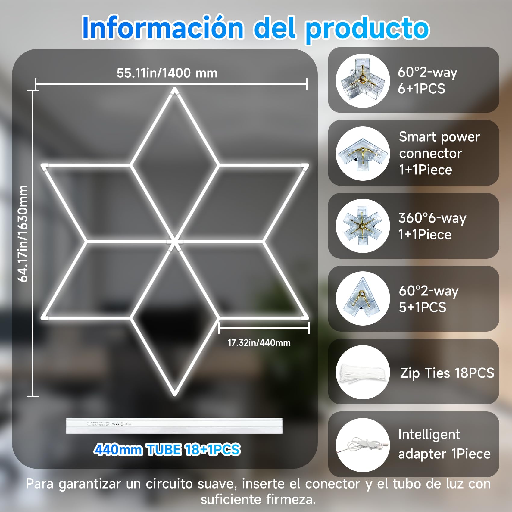 Lámpara de techo LED hexagonal para garaje-18pcs luces de tubo,126W 6500K luces LED de techo conectables para taller, garaje, almacén, gimnasio,sala de lavado para el cuidado del automóvil