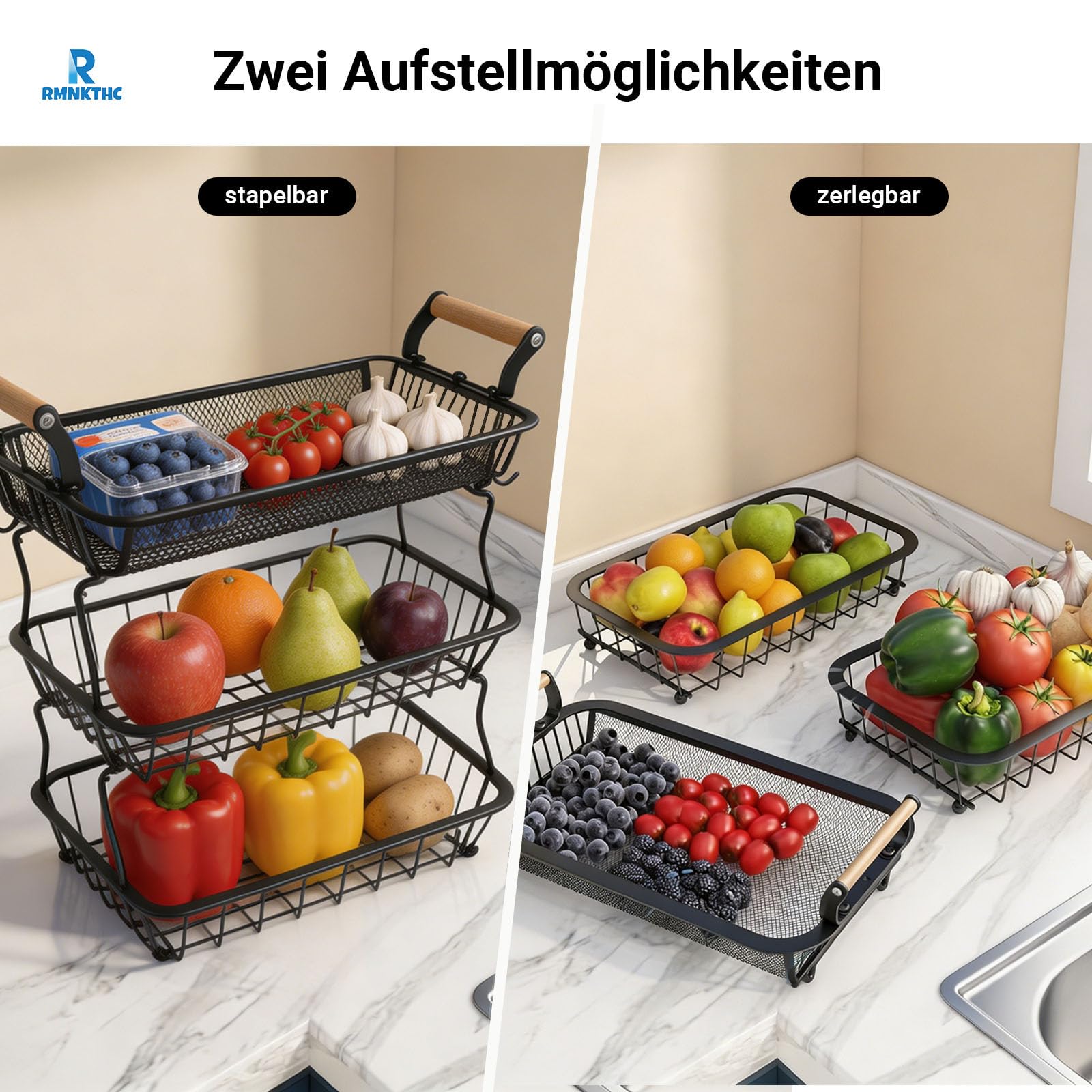 Obstkorb mit 3 Ebenen, Obst-Gemüsekorb mit 2 Bananenaufhängern, Küchenarbeitsplatte, Anrichte, Vorratsschrank, zur Aufbewahrung für Brot, Snacks, Obst（ Schwarz）