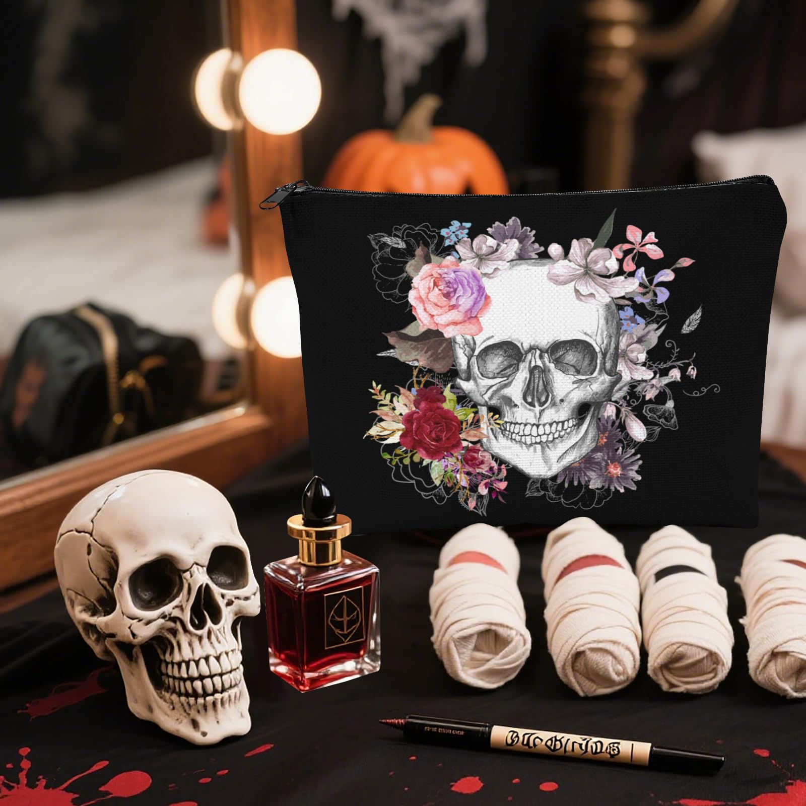 Halloween Skull Flowers Cosmetic Bags, Women Goth Floral Large Capacity Makeup Bag, Girl Gothic Skeleton Zipper Travel Bag - Image 2