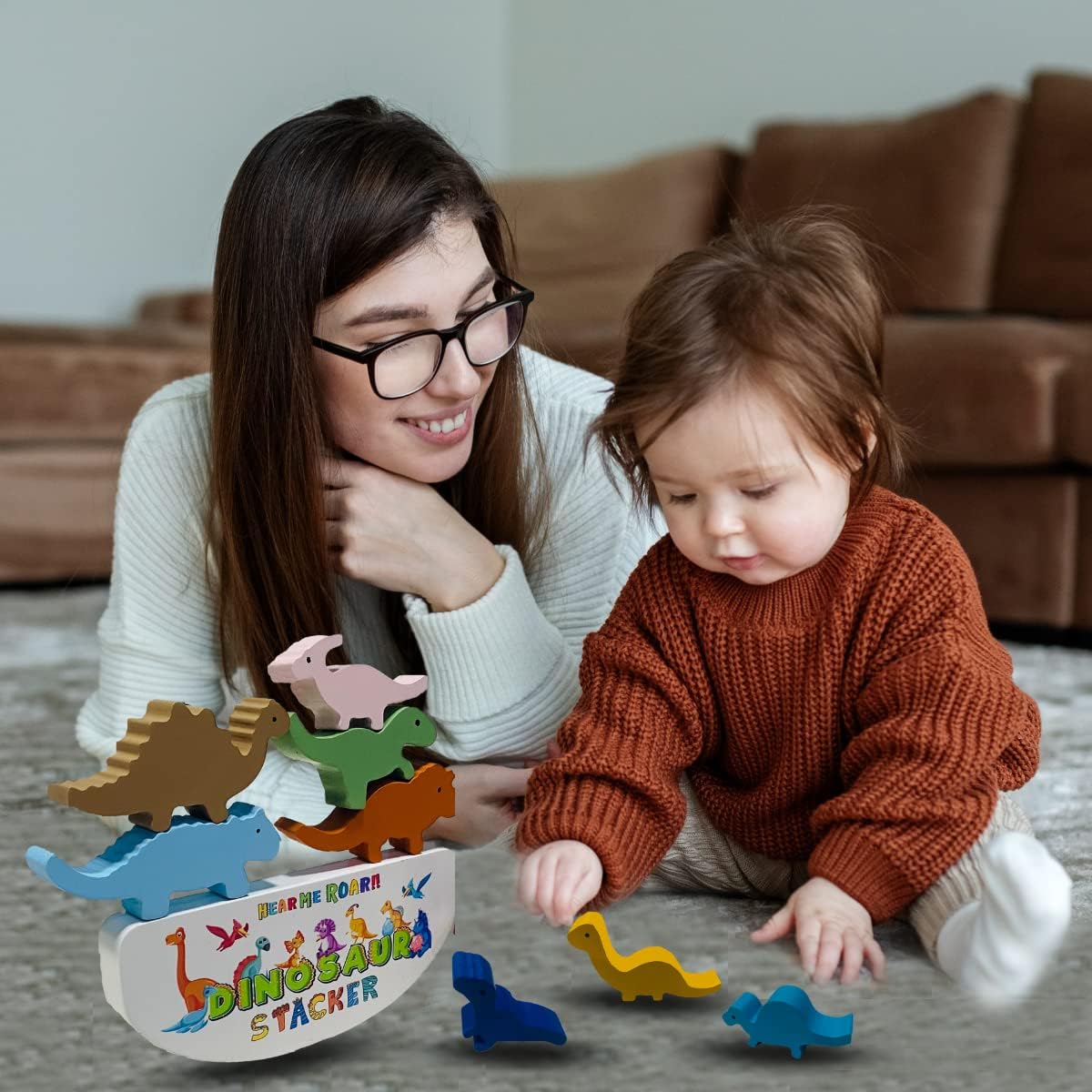 THE FUNNY MIND Dinosaur Wooden Stackers Toys for Kids, Wooden Stacking Blocks and Tower, Dinosaur Puzzles for 3, 4, 5, 6, 7, 8, 9, 10 Years Age Child, and Toddler| Stacking Toys for Kids and Adults