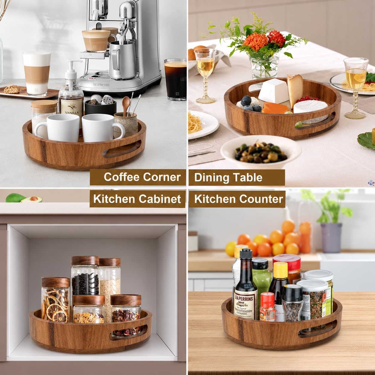 Wooden Lazy Susan – 12 in Acacia Wood Turntable Organizer for Cabinet，Multi-Purpose Home Decor Rotating Tray for Bathroom Accessories, Bedroom Makeup Organizer & Countertop Storage