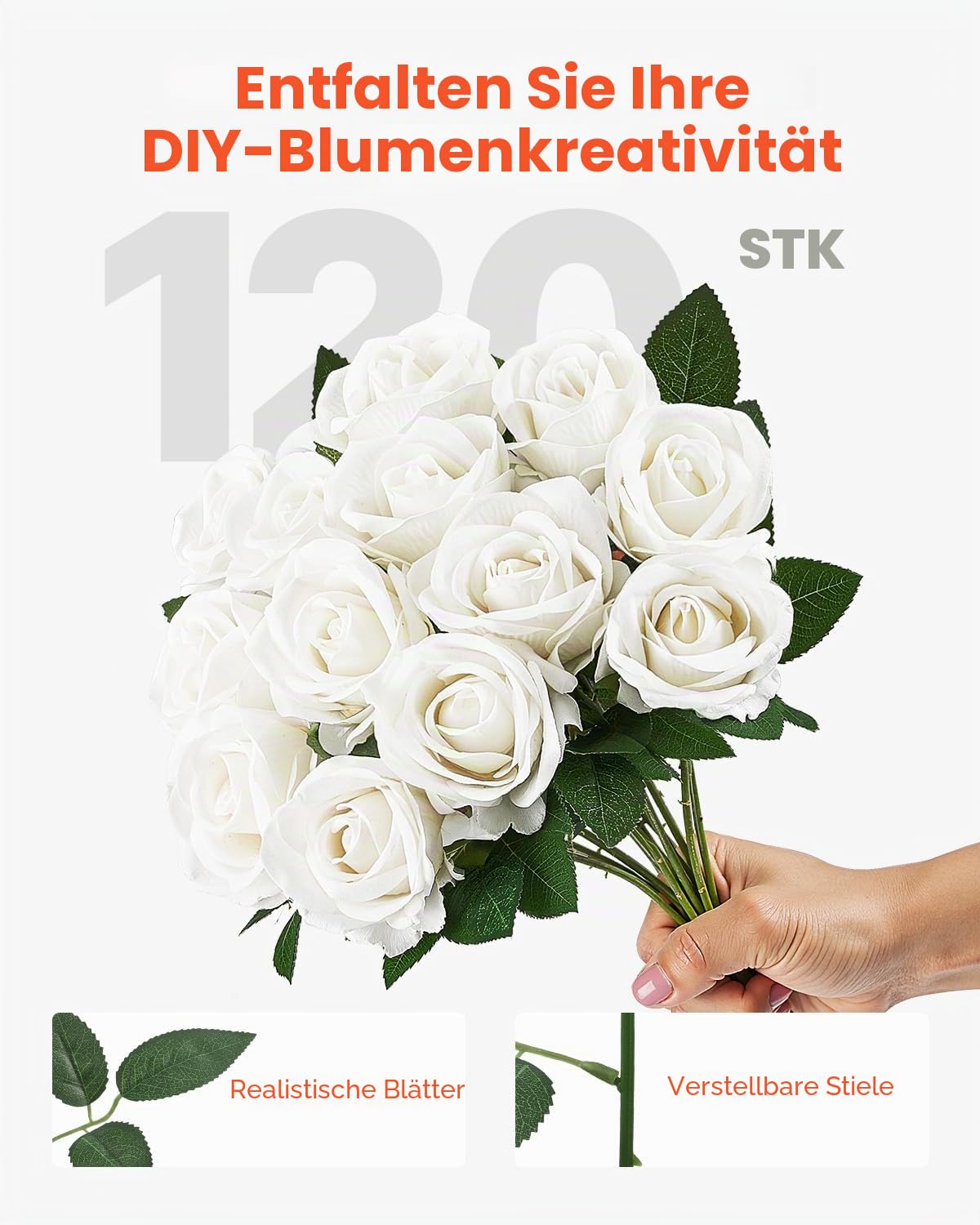 VEVOR Künstliche Blumen Rosen, 120 Stück Kunstblumen, Weiße Gefälschte Rose mit Stielen, Schaumrosen für DIY Hochzeit Blumensträuße Braut Valentinstag Muttertag Zuhause Dekoration