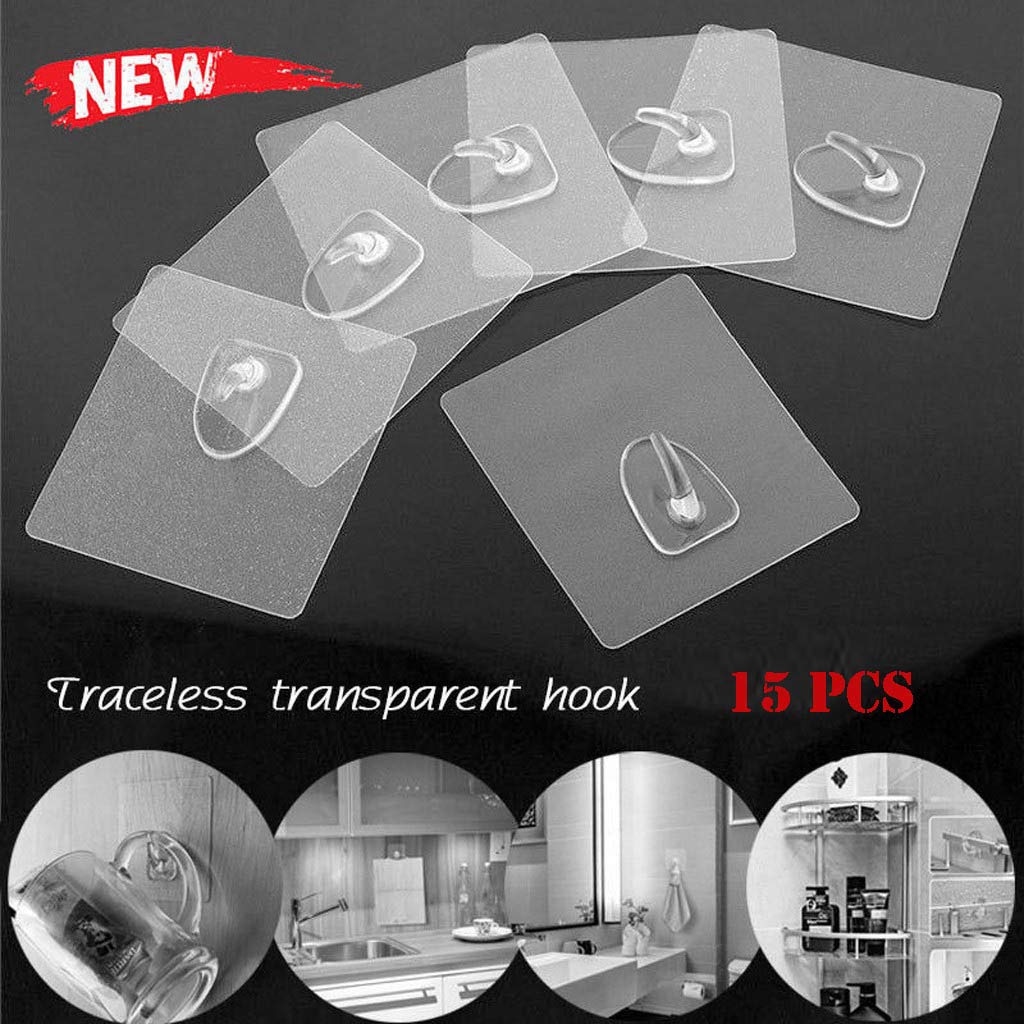 Efaster New Anti-Skid Hooks,The Latest Style Seamless Adhesive Hooks,Reusable Transparent Traceless Strong Wall Hanging Hooks 7-15pcs,Waterproof Oilproof Dustproof (15)