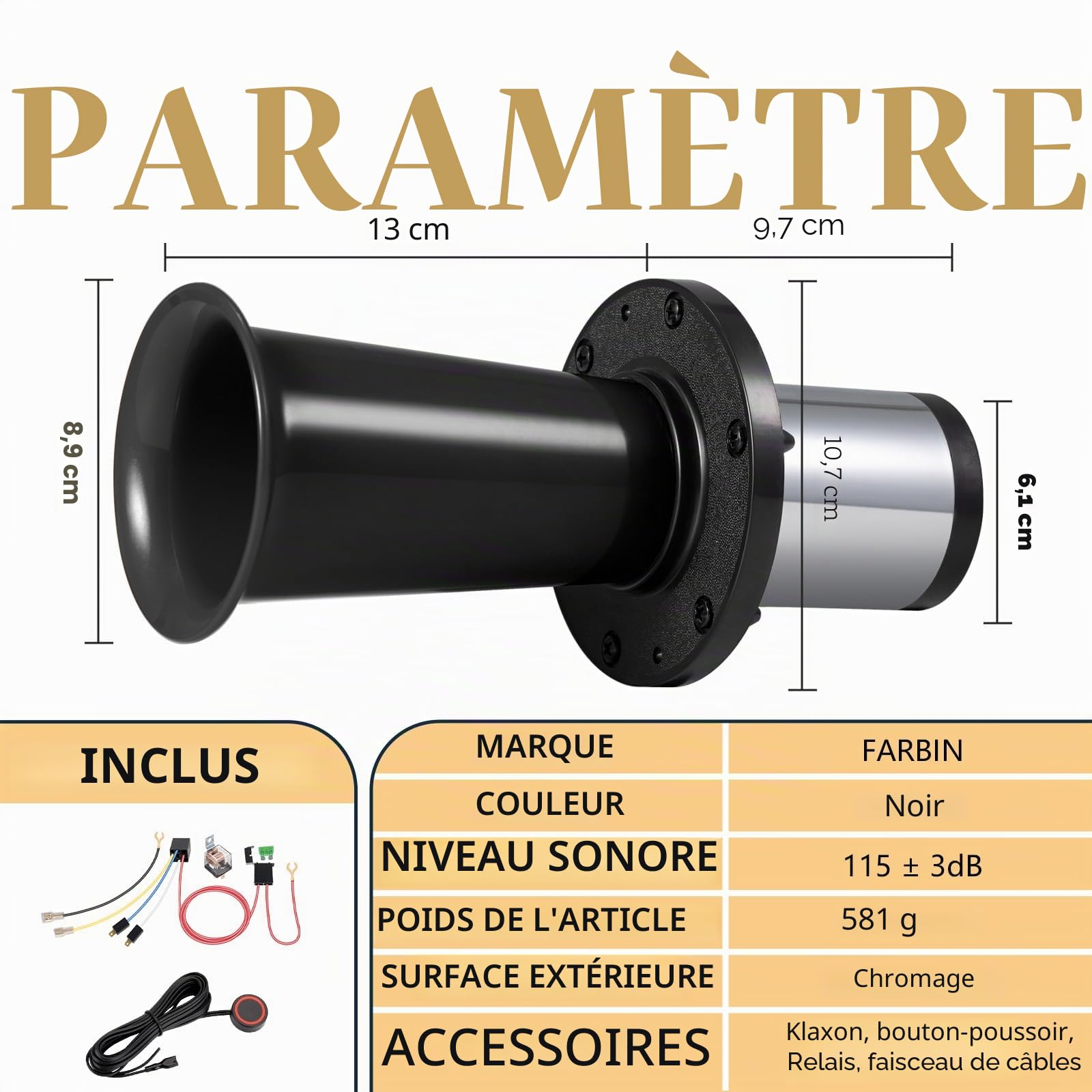 Ahooga Klaxon vintage 12 V FARBIN pour voiture camion rétro Kit chromé (noir avec bouton)