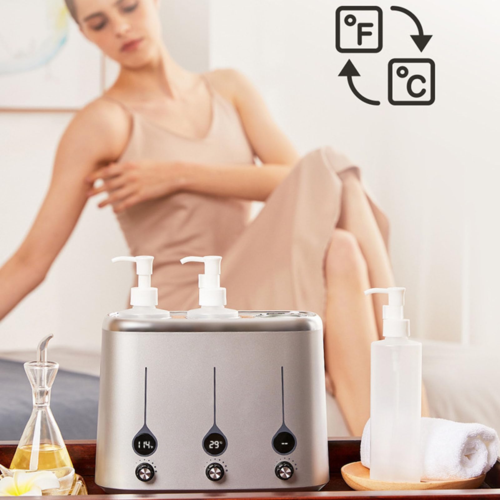 Podgrzewacz olejku do masażu, 220V 3 butelki elektrycznego balsamu Cyfrowy podgrzewacz z regulacją temperatury Automatyczny podgrzewany dozownik balsamu do domu salonu SPA fryzjera