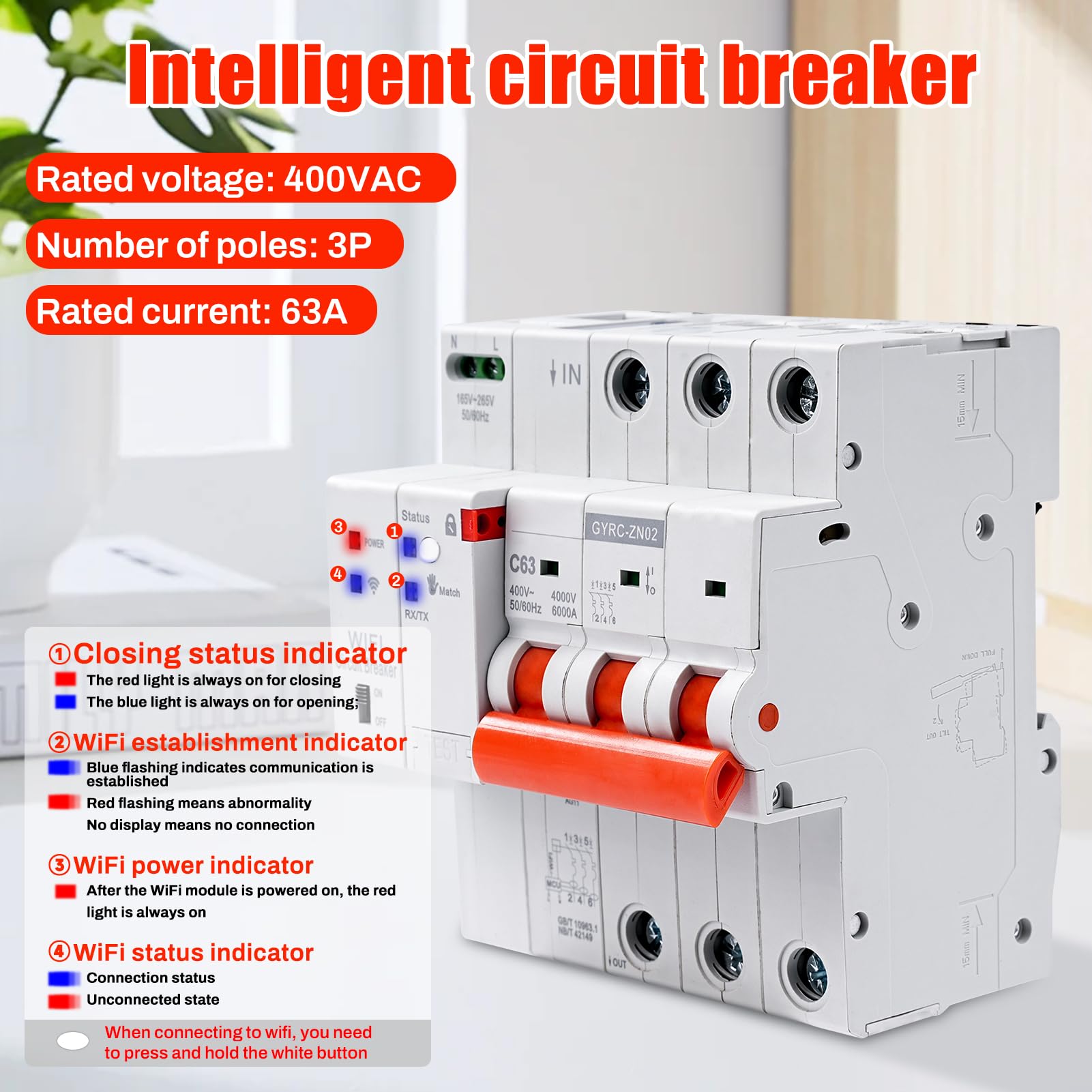 Jadeshay Interruttore Magnetotermico WiFi,3P 63A Salvavita con Riarmo Automatico WiFi Controllo Remoto Tramite APP Tuya sul Cellulare con Timer Protezione Sovratensione Sottotensione e Sovraccarico