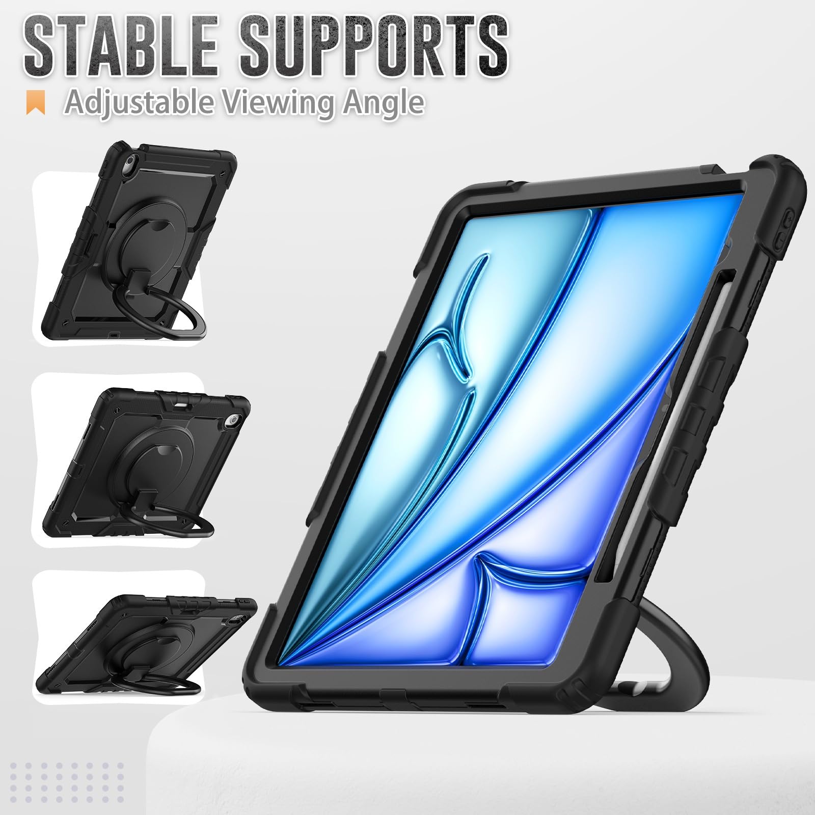 Kompatybilny z etui iPad Air 13 cali M2 2024 uchwytem na ołówek i ochraniaczem ekranu, wytrzymała, pełna obudowa ochronna, obrotowy uchwyt, silikonowe(Noir)