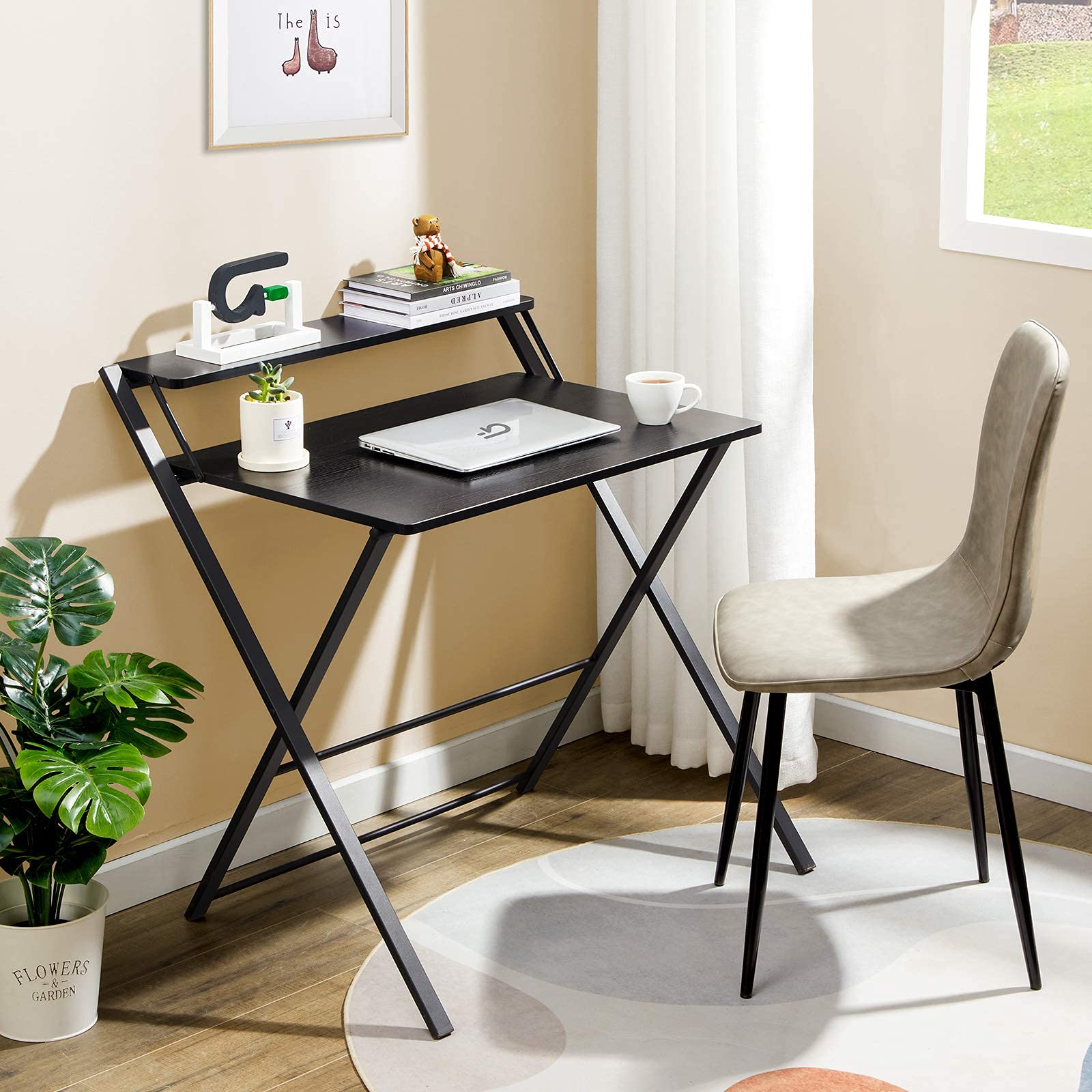 GreenForest Folding Desk No Assembly Required, 2Tier Small Computer Desk with Shelf Space