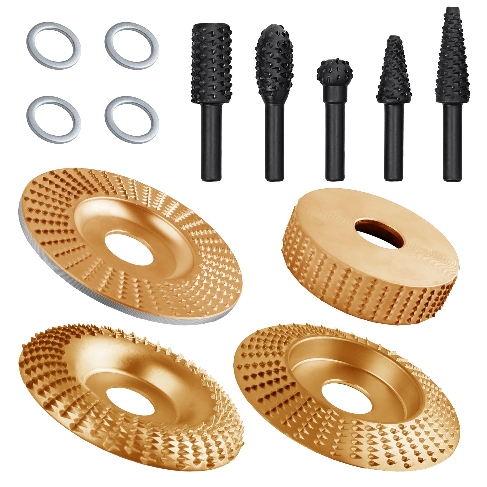 SPEEDWOX 4pcs Angle Grinder Wood Carving Disc Set With 5pcs Rotary Burr Rasp Set Rotary Burr Wood Carving Rasp Set With 1/4" Shank Woods Carve File Rasps Drill Bits For Deburring Shaping Grooving