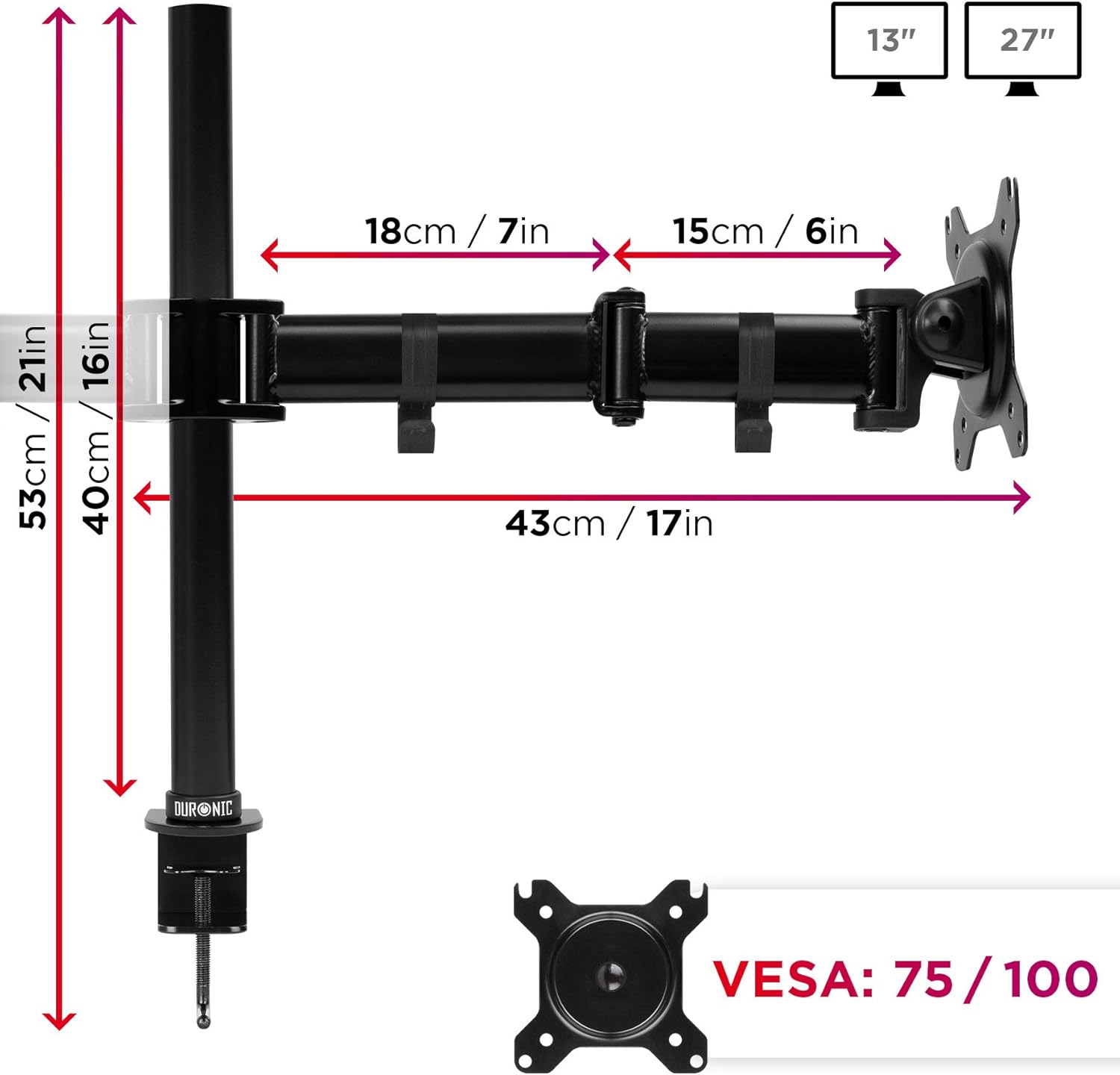 Flash Deals - 40% OFF Duronic Dual Monitor Arm Stand DM252 BK | Double Desk Mount | Steel | Height Adjustable | for Two 13-27 Inch LED LCD Screens | VESA 75/100 | 8kg Per Screen | Tilt -90°/+35°, Swivel 180°, Rotate 360°