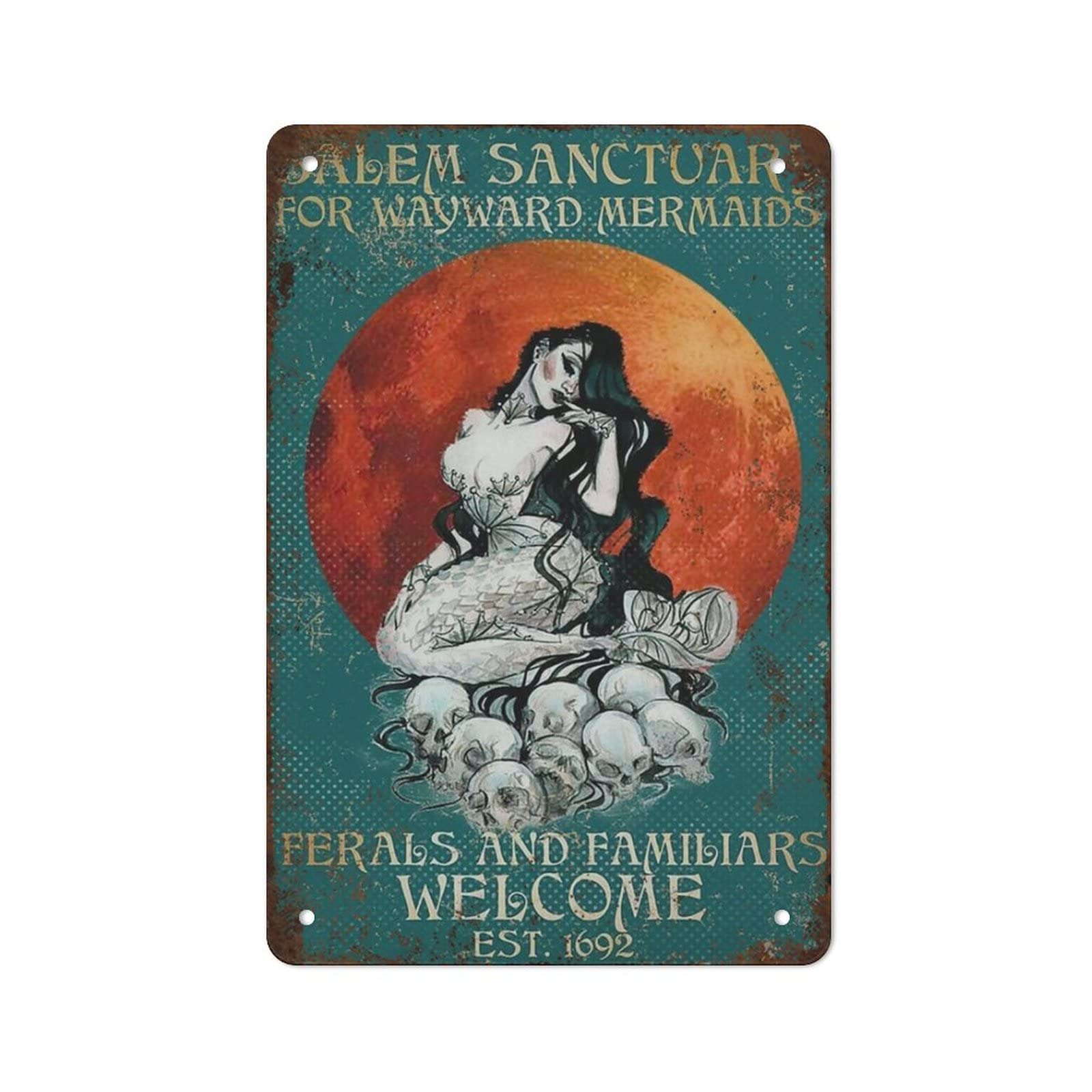 Kueprae A2305 Mermaid Tin Sign Salem Sanctuary For Wayward Mermaids Ferals And Familiars Welcome Tin Sign,Retro Signs Home Decoration Gifts For Mom, Dad And Friends Metal Tin Sign 8X12 Inch