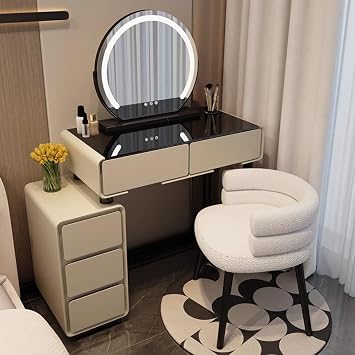 Small Makeup Desk,Vanity Mirror with Lights and Desk,Girls Women Vanity Desk for Bedroom Dressing Room,with Adjustable 3 Color LED Lights,1 Drawer Side CabinetKhaki Gray,80.5x40x76cm