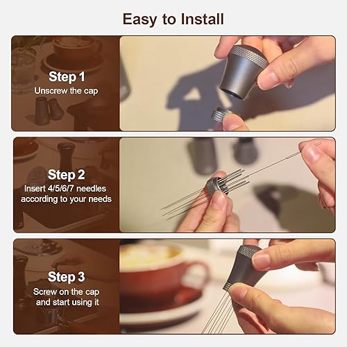Miniatura 14 de WDT - Herramienta de distribución de café expreso para barista, agitador de café expreso de 0.014 in, 7 agujas con 7 agujas adicionales Plateado