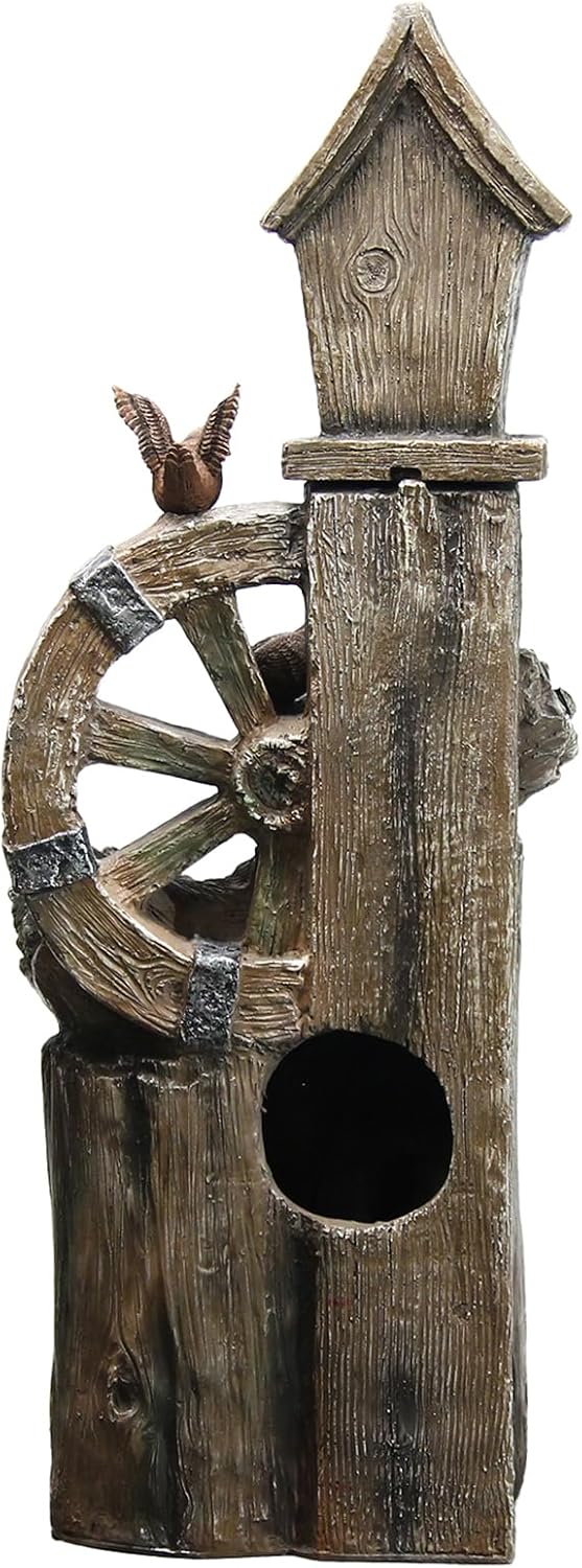 YZM 38.38" H Water Fountain Outdoor Garden 3-Tier Birdhouse Waterfall Fountain with Faucet Tree Trunk Indoor Floor Cascading Water Feature with LED Lights for Patio Yard Home Backyard Decor