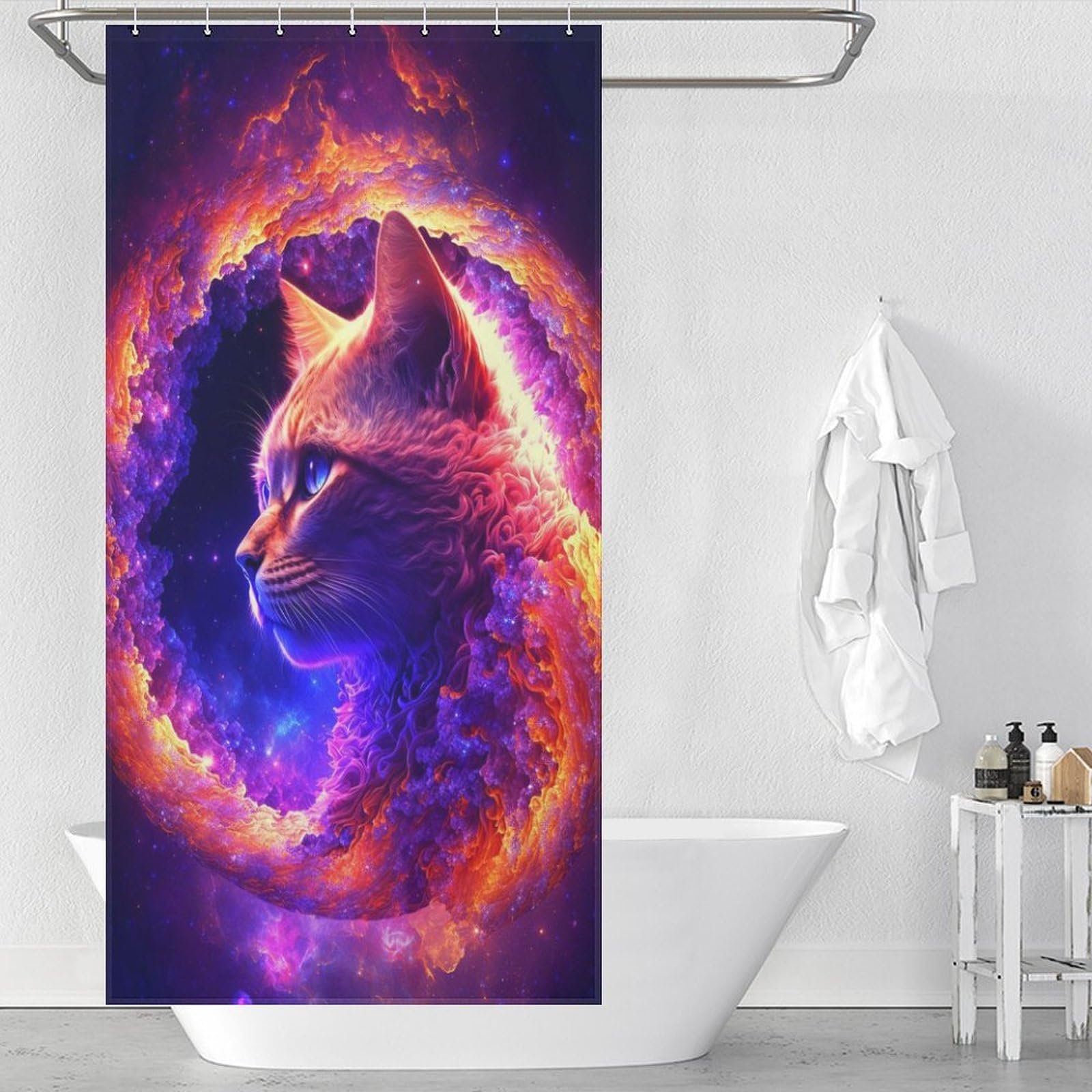 Rideau de douche chat psychedelique evite l'eau au sol grace au tissu polyester impermeable lavable