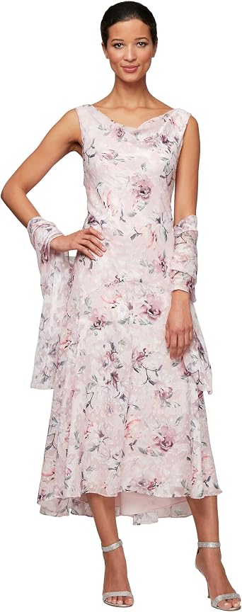 Alex Evenings Womens Formal Sleeveless Cowl Neck Floral Print Gown with Shawl, Wedding Guest, Mother of The Bride Dress