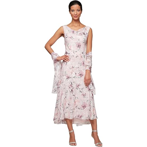Alex Evenings Women's Formal Sleeveless Cowl Neck Floral Print Gown with Shawl, Wedding Guest, Mother of The Bride Dress