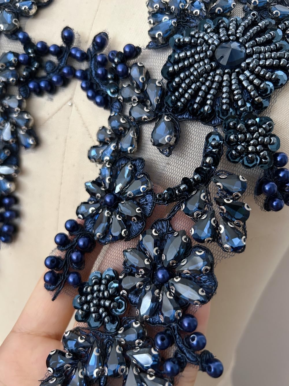 1 Pair Sew on Crystals Rhinestones Appliques Patches for Front Bodice Decoration Sewing Beaded Wedding Evening Dress Clothing Prom Costumes Crafts (Deep blue), ymal-358