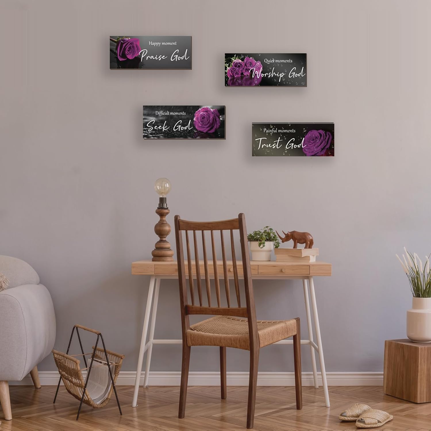 4pcs Purple Bathroom Decor Religious Wall Art Bible Verse Inspirational Rose Wall Decor Rustic Wooden Christian Sign for Home, Bathroom, Office, Bedroom, Living Room, Kitchen (10x4) thumbnail